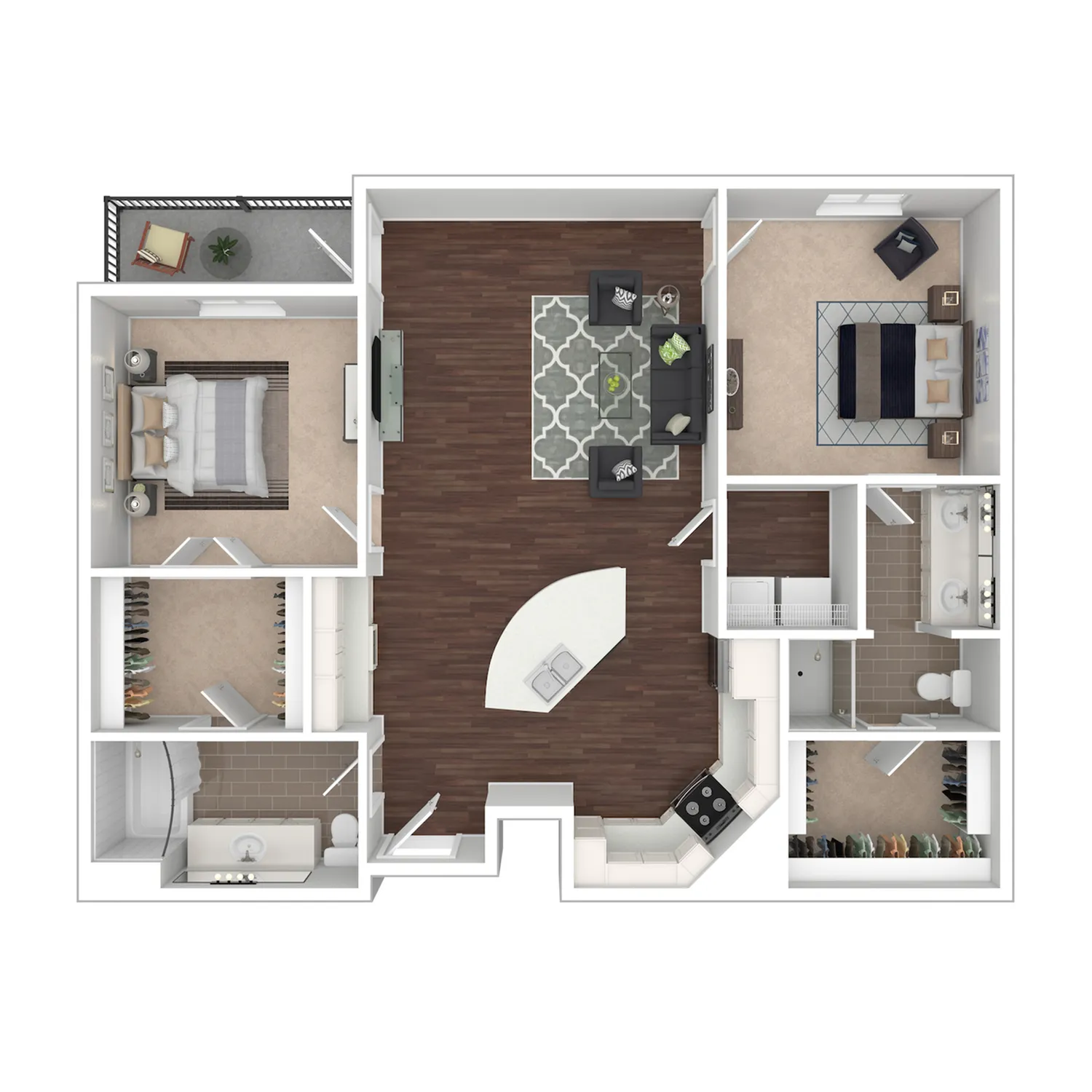 Monon floor plan showcasing two elegant bedrooms, an expansive open-concept living area with sleek hardwood flooring, and a modern, streamlined kitchen island.
