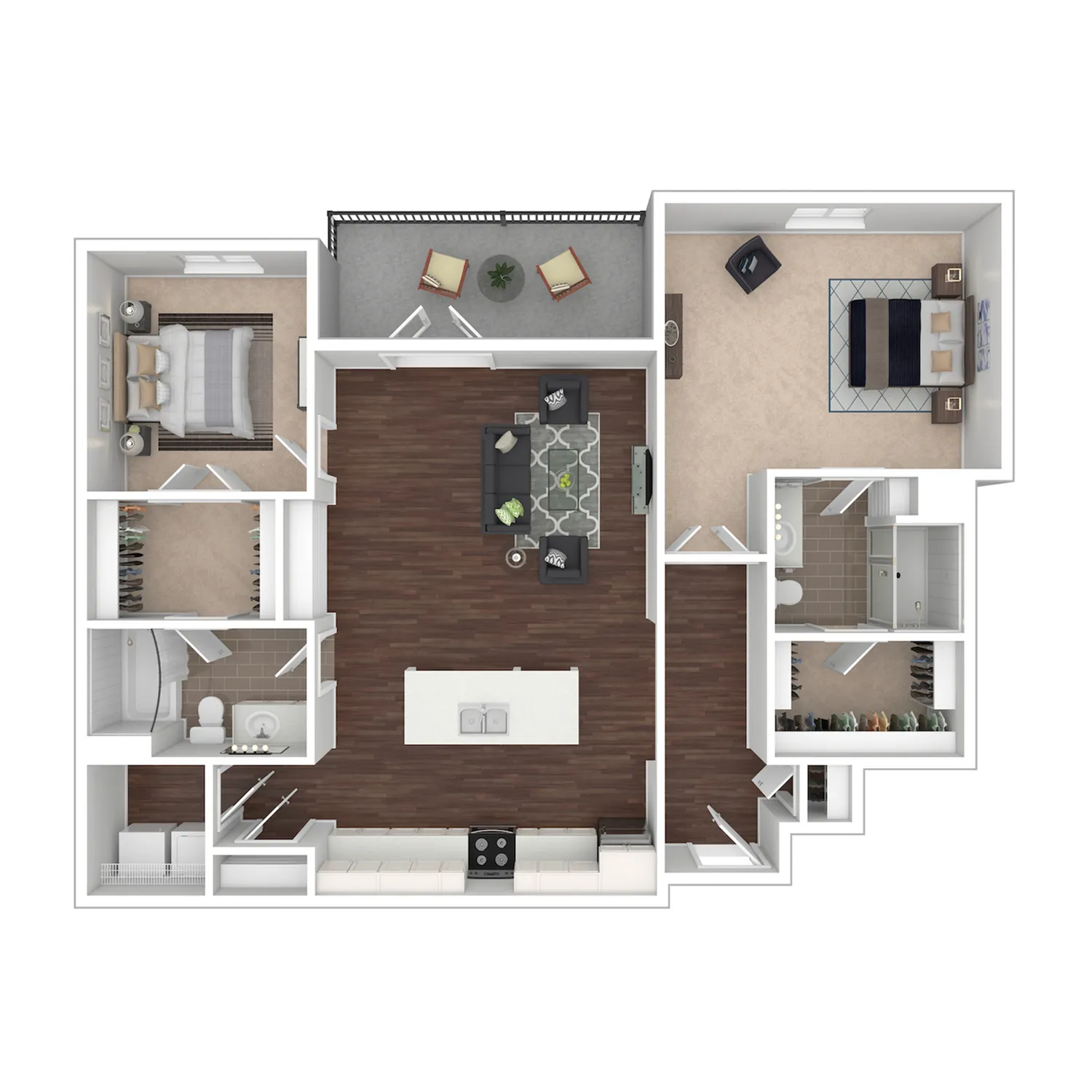 Murdock floor plan showcasing a spacious apartment with two bedrooms, open-concept living area, contemporary kitchen, and cozy balcony.