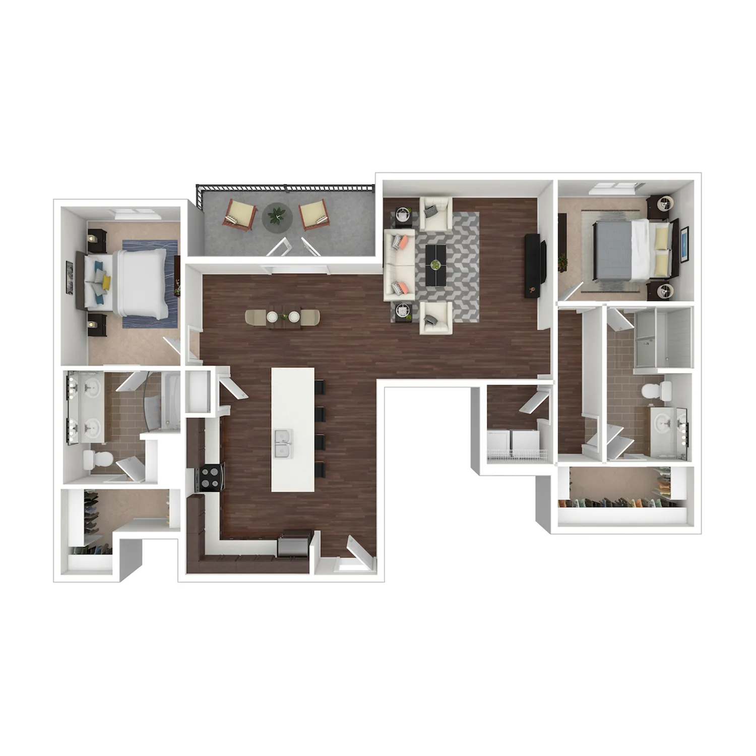 Orleans 3D floor plan showcasing 2 bedrooms, open-plan living and dining area, contemporary kitchen, and two bathrooms with a cozy balcony.