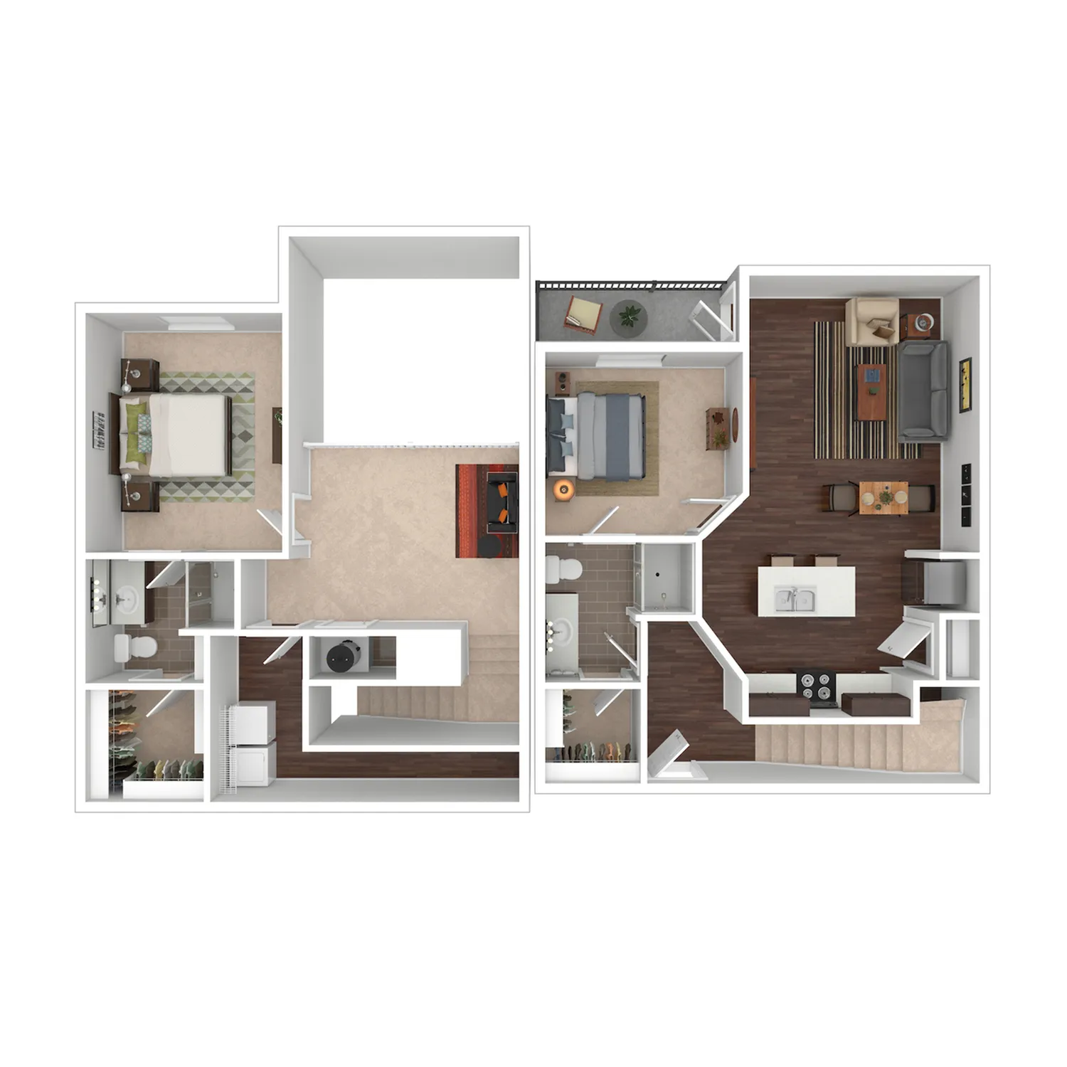 Pleasant Ridge 3D floor plan featuring two bedrooms, a stylish open-plan kitchen, spacious living area, and two bathrooms with elegant design elements.