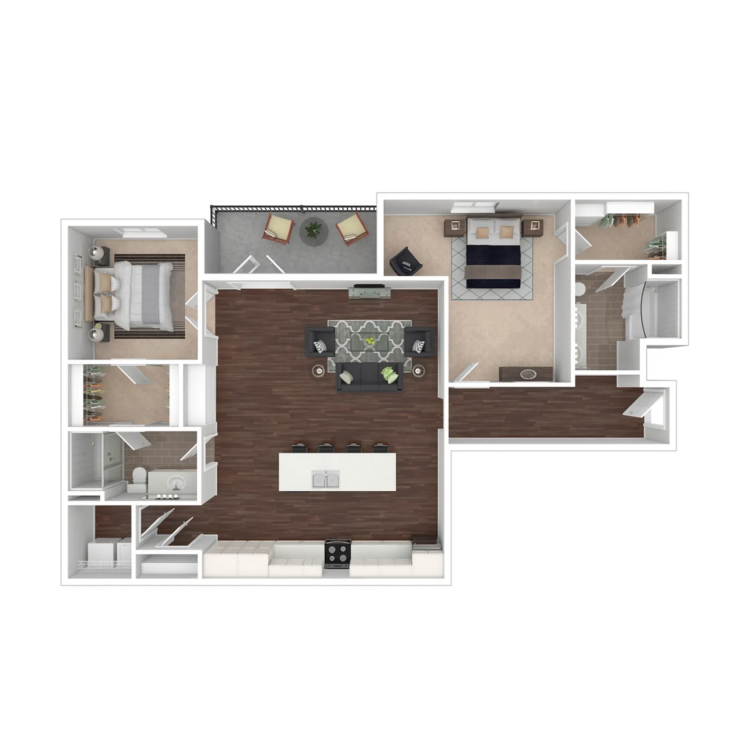 Quincy 3D apartment floor plan featuring 2 bedrooms, an open-concept living area, and a stylish kitchen with island seating. Includes two bathrooms and a cozy outdoor balcony.