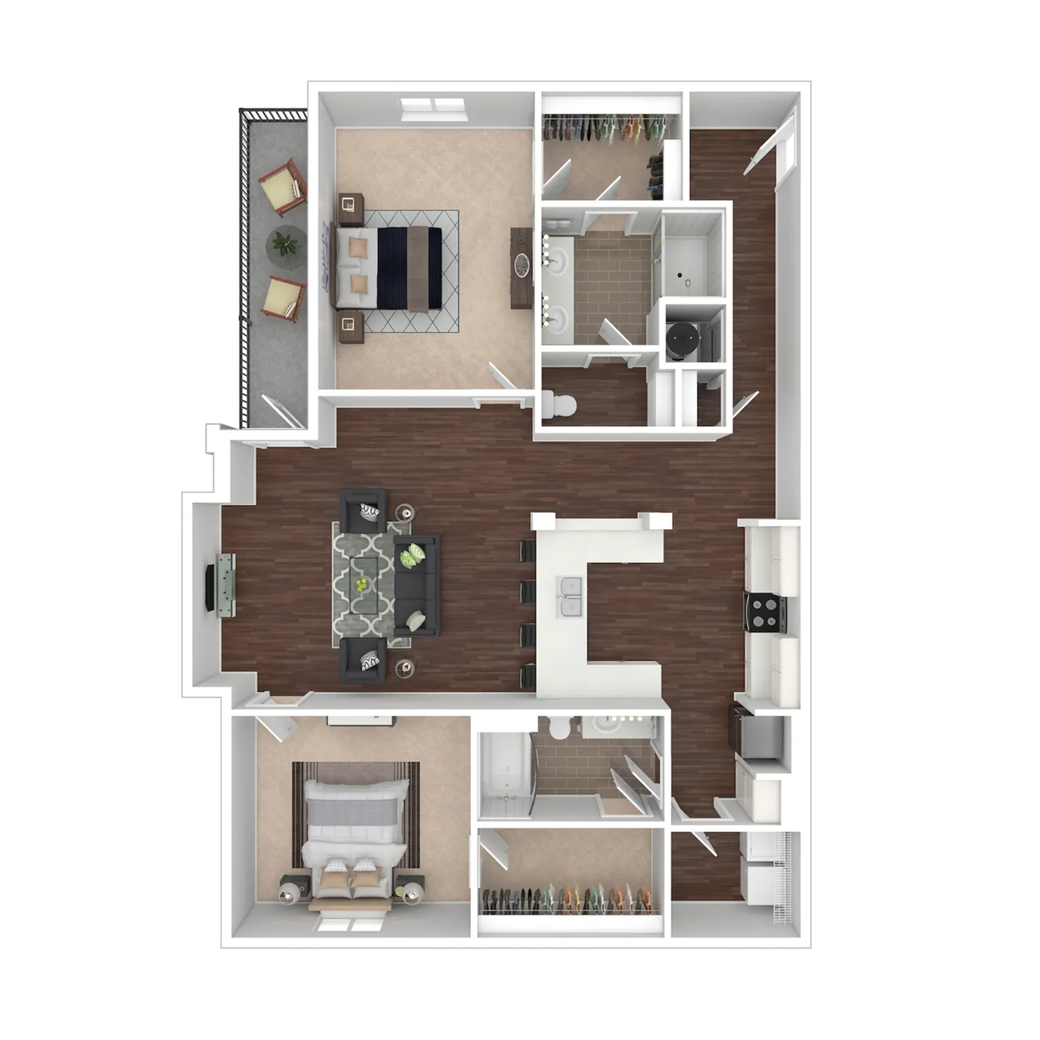 Salem 3D floor plan showcasing 2 bedrooms, open-plan living room, modern kitchen, and balcony, ideal for luxury living.