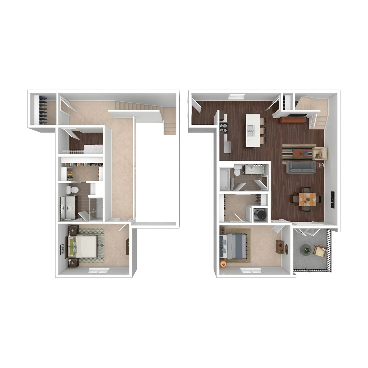 Chic two-level floor plan showcasing 2 spacious bedrooms, a modern kitchen with a dining area, inviting living room, and private balcony.