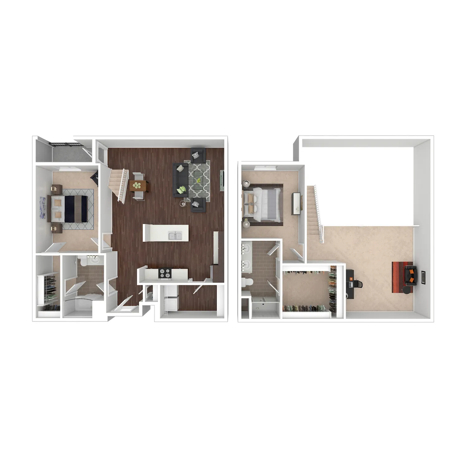 St. John 3D floor plan showcasing a two-story layout with a luxurious master bedroom, cozy living area, elegant kitchen, and expansive loft space.