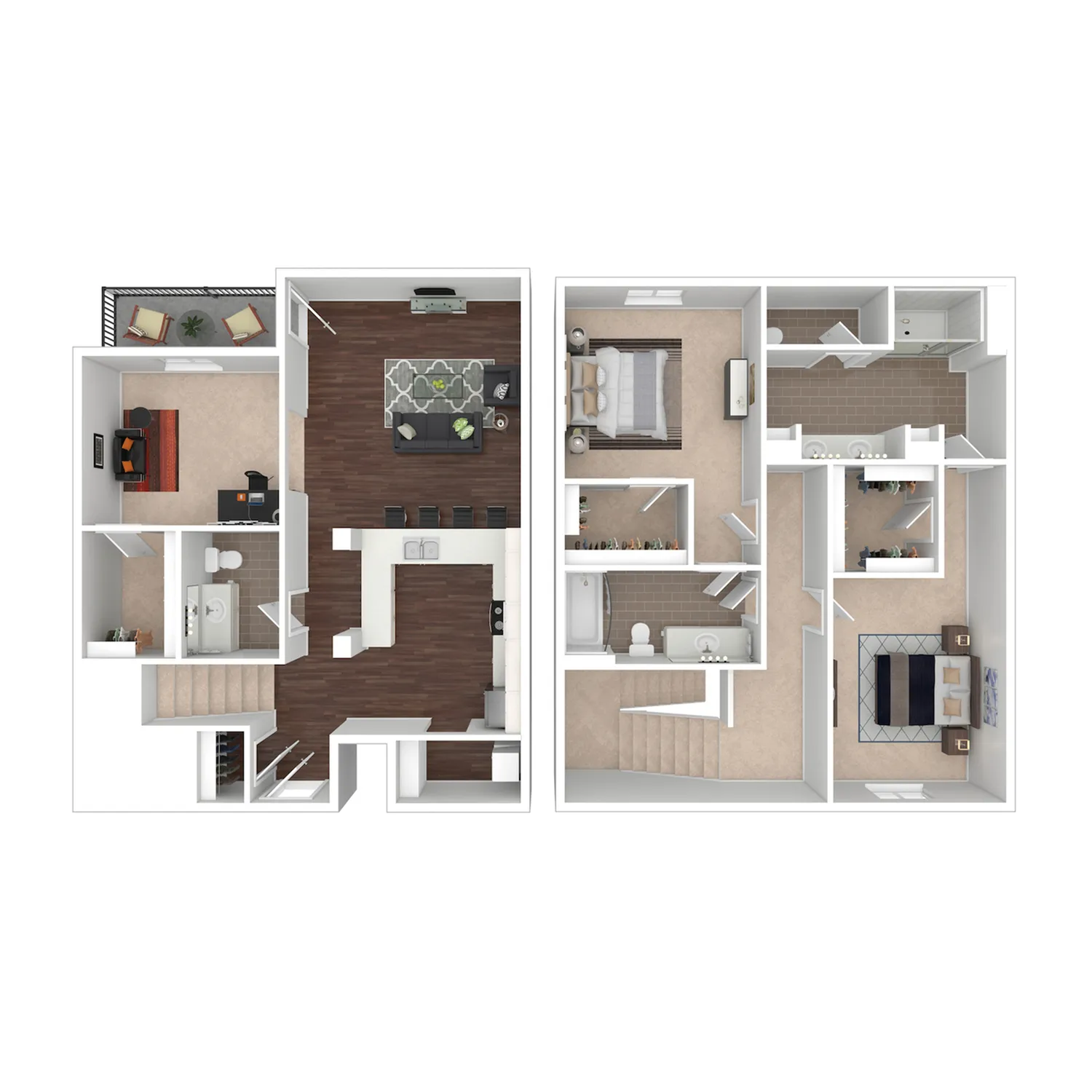 West Baden two-level floor plan with sleek hardwood floors, spacious open-concept living and dining area, two cozy bedrooms, office space, and two bathrooms, perfect for stylish living.