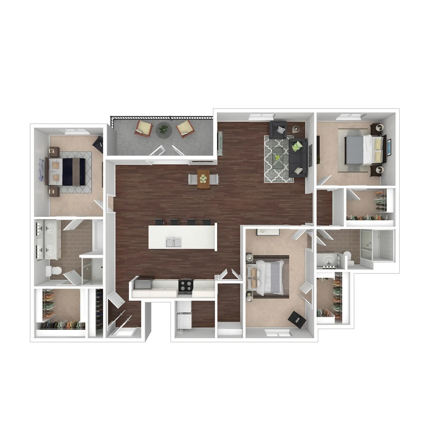 Westfield 3-bedroom apartment floor plan showcasing an open-concept living area, gourmet kitchen with island, and a private balcony.