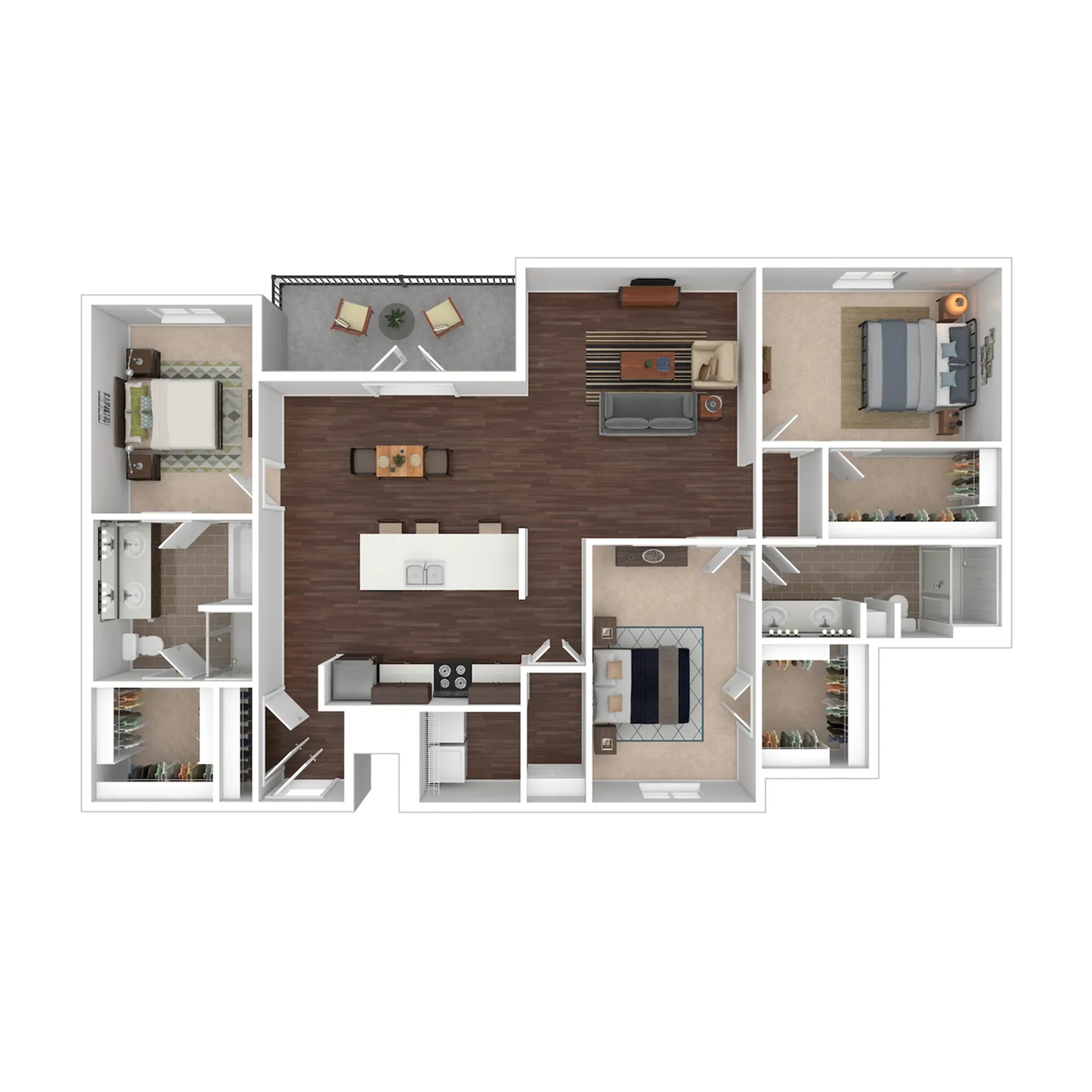 Westville 3-bedroom floor plan featuring an open-concept living area, elegant kitchen island, and two modern bathrooms with spacious closets.
