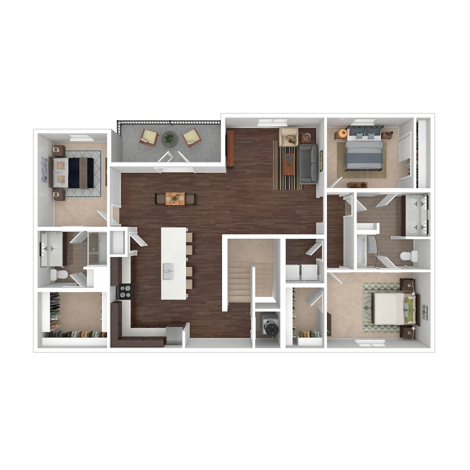 Wilders 3D floor plan showcasing 3 bedrooms, a spacious open-concept living and dining area, two modern bathrooms, and a large kitchen with island seating.