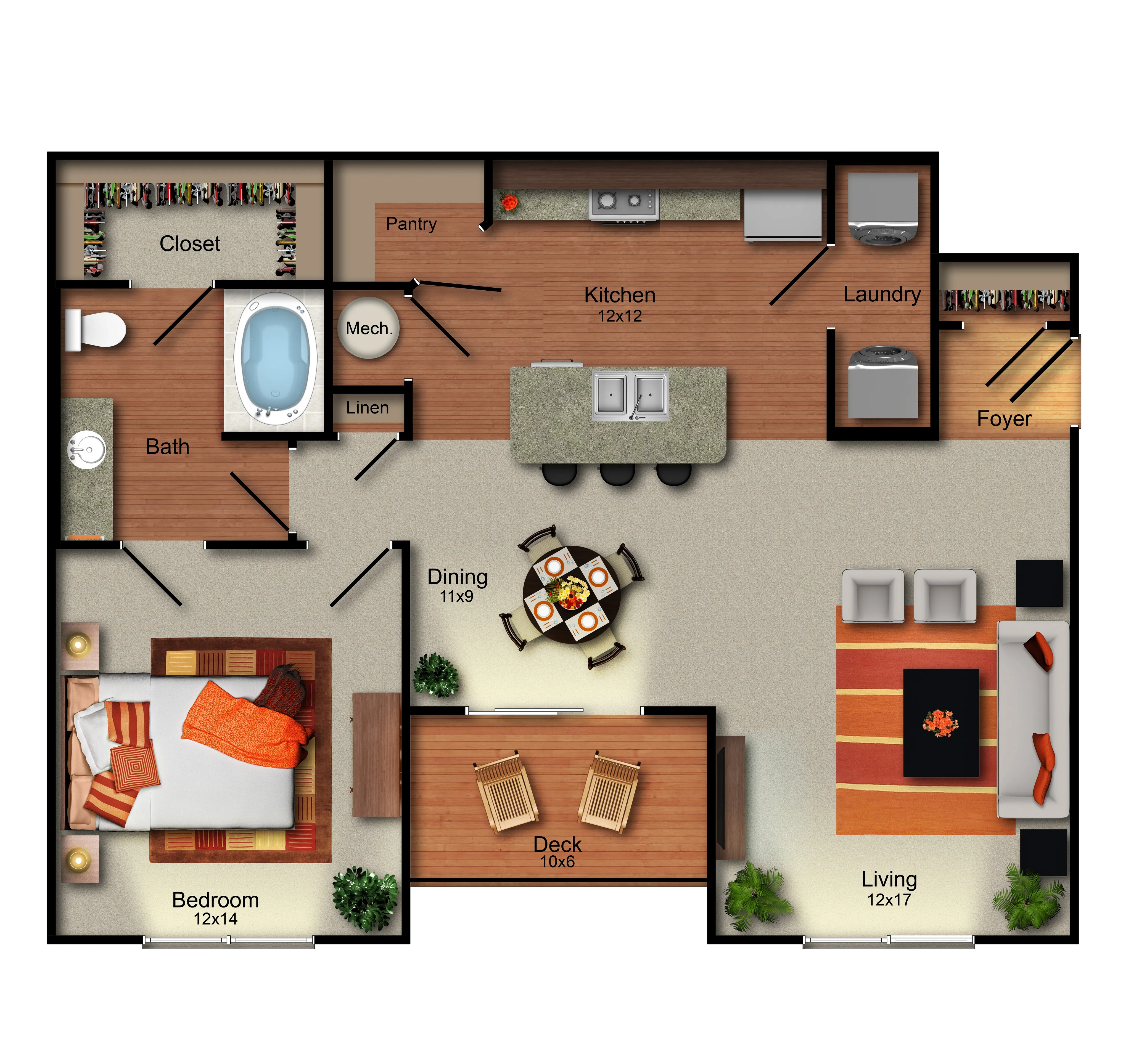 Modern floor plan featuring one bedroom, spacious living area, open kitchen with island, cozy dining space, and inviting deck. Includes large bath, ample closet, and convenient laundry area.