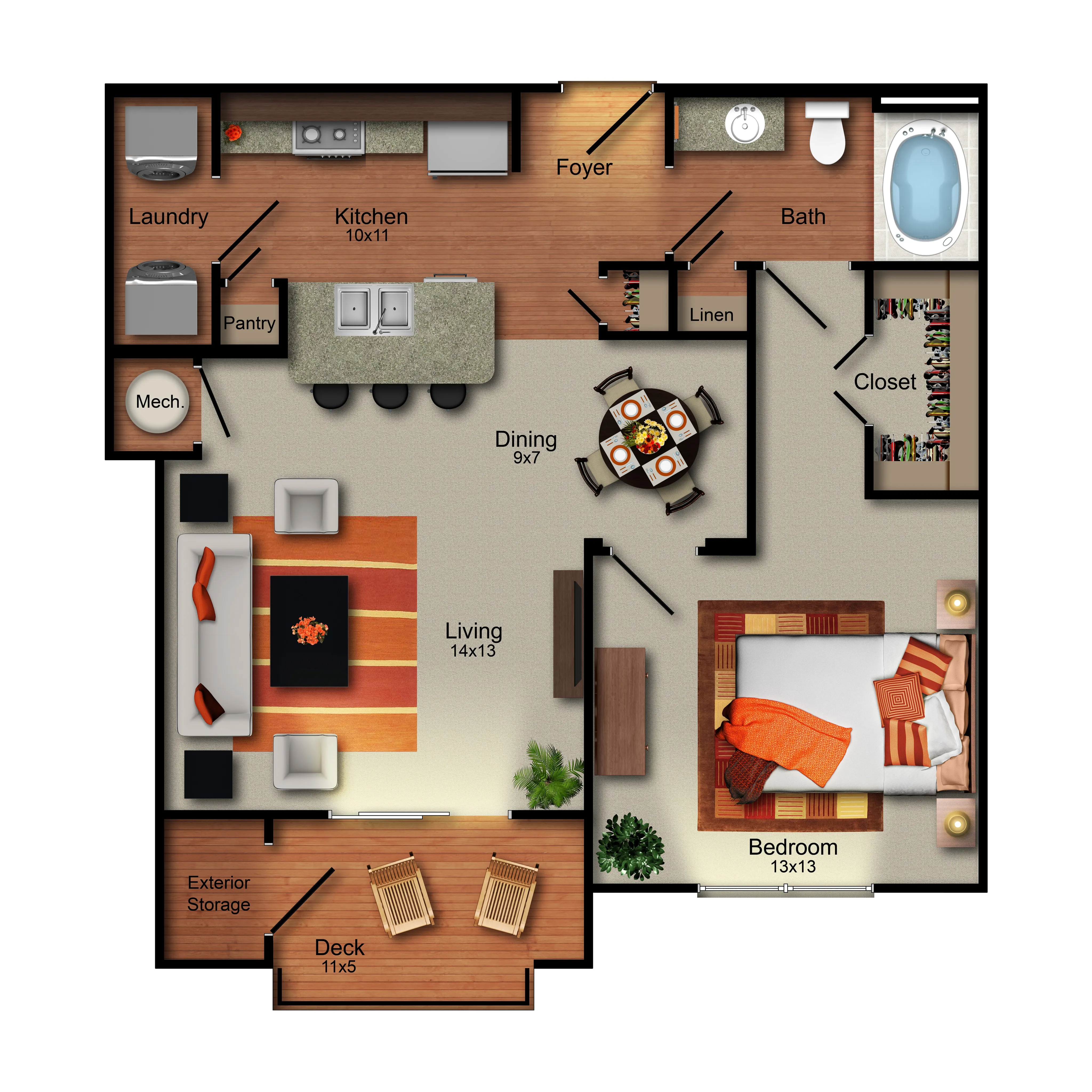 Modern apartment floor plan featuring 1 bedroom, open living and dining area, stylish kitchen with laundry, and relaxing deck space.