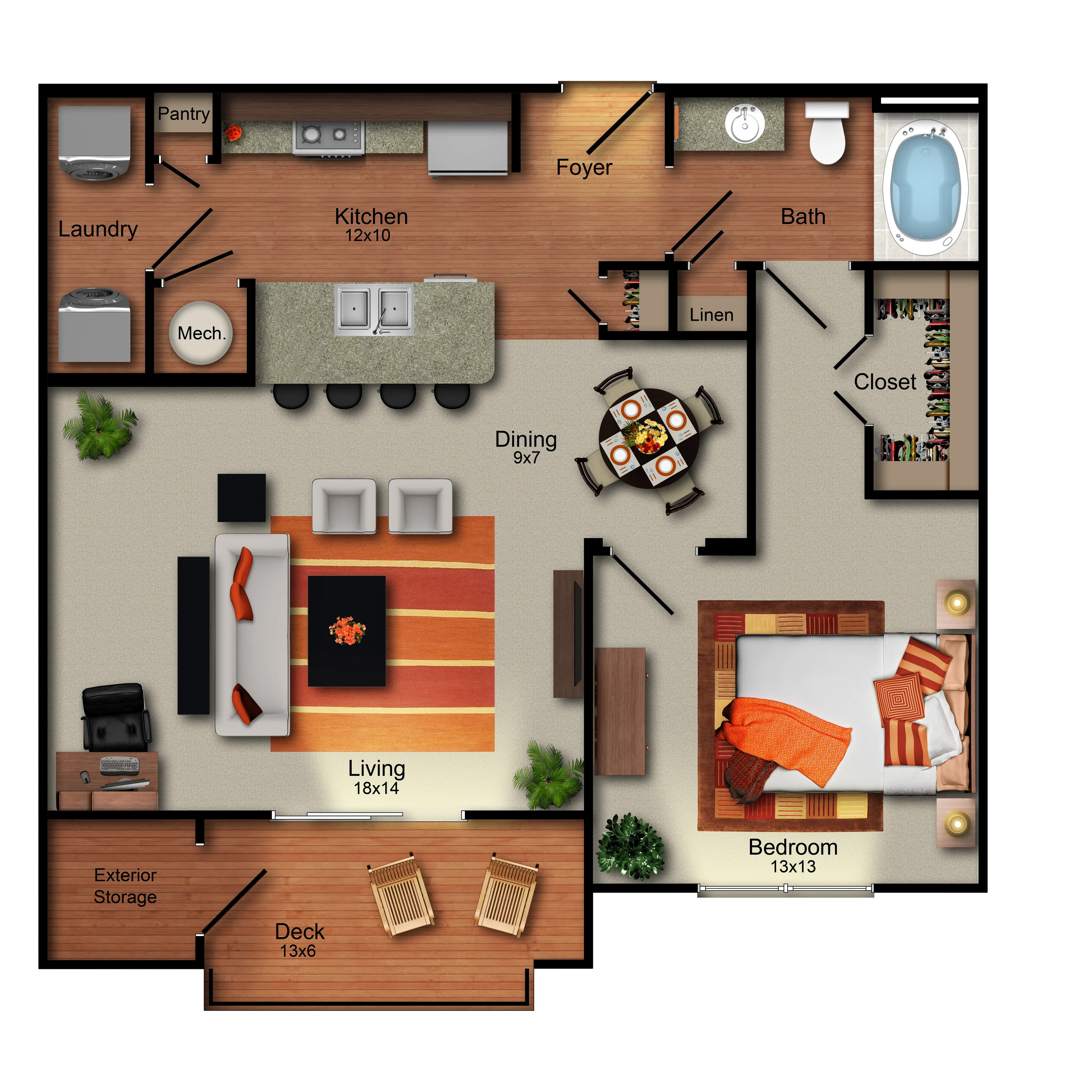 Inviting floor plan showcasing a spacious 1-bedroom apartment with a cozy living area, modern kitchen, dining space, stylish bathroom, and a charming deck.