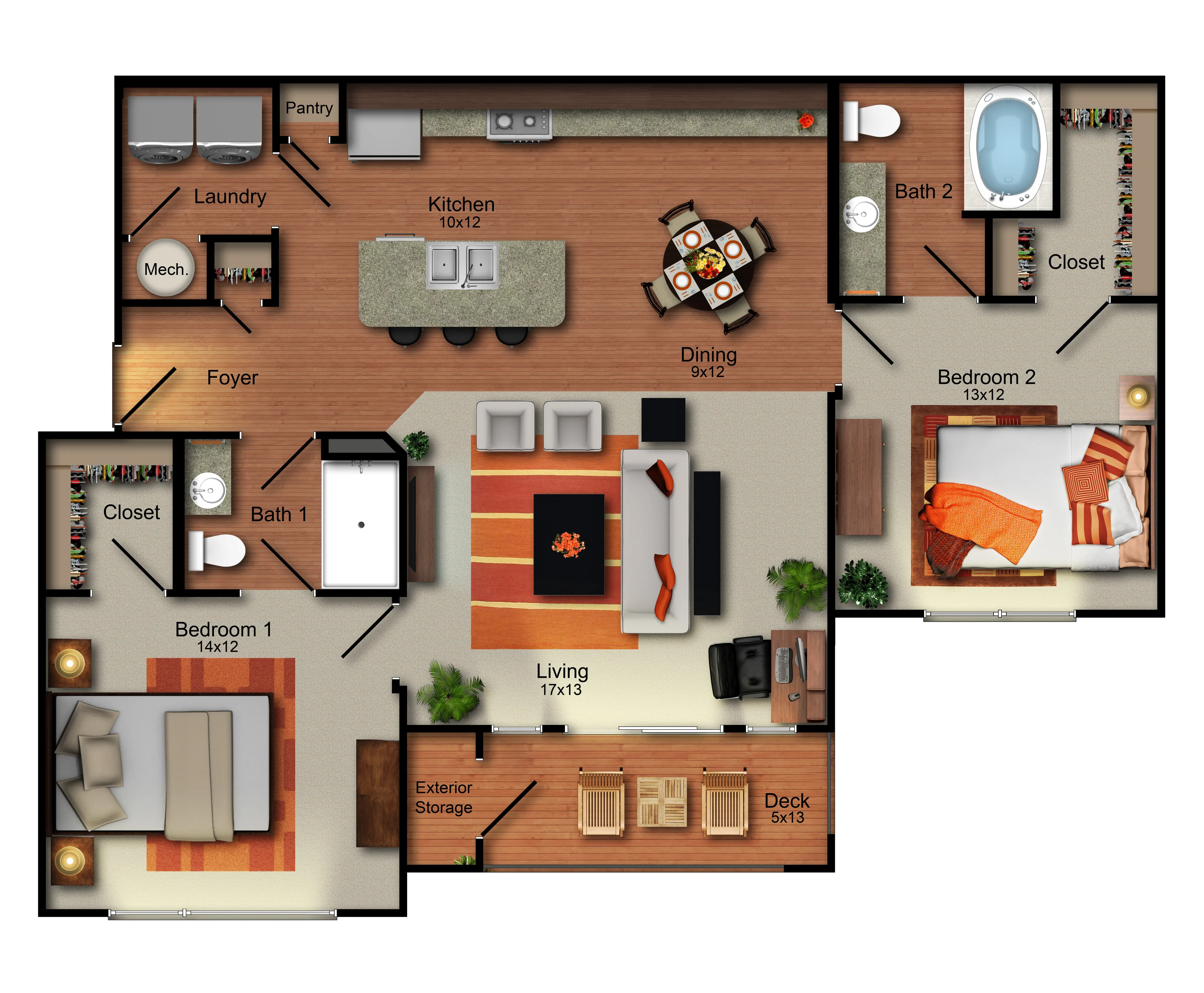 Elegant apartment floor plan showcasing 2 spacious bedrooms, open-concept living and dining area, modern kitchen with island, and a cozy outdoor deck.