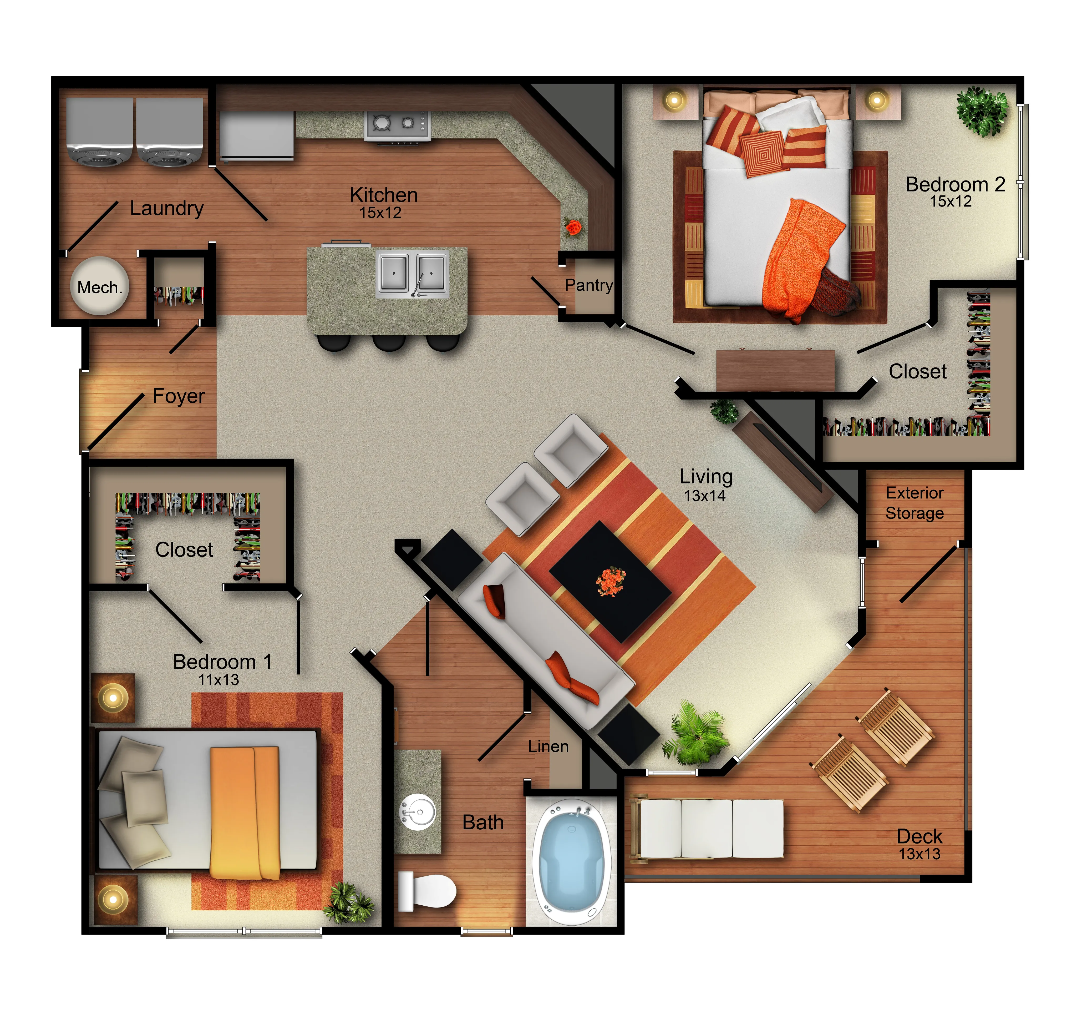 Inviting 3D floor plan with 2 spacious bedrooms, a cozy living area, modern kitchen with island, luxe bathroom, and a charming deck.
