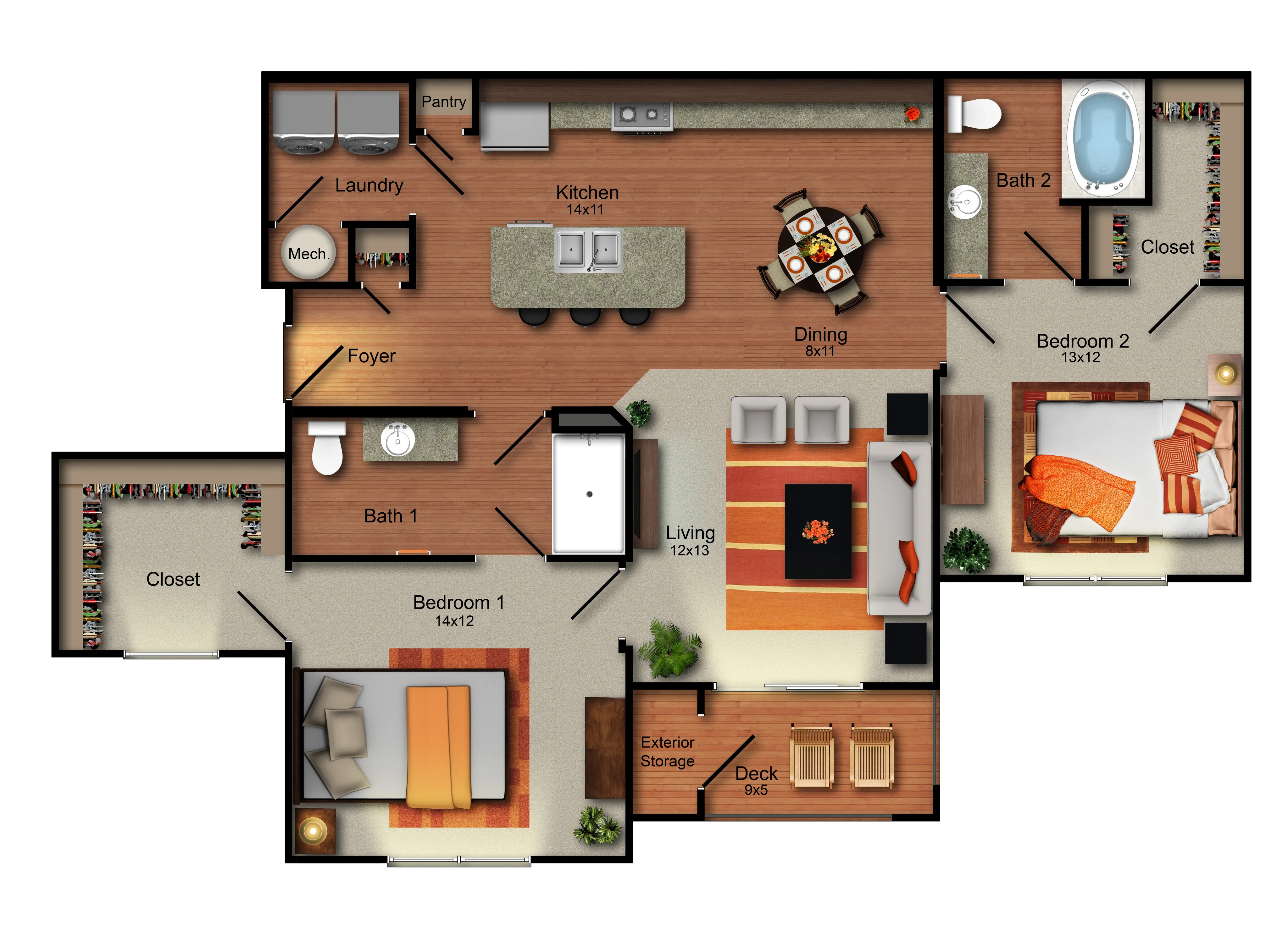 Elegant and spacious floor plan showcasing 2 bedrooms, open living and dining areas, modern kitchen with island, and cozy deck.