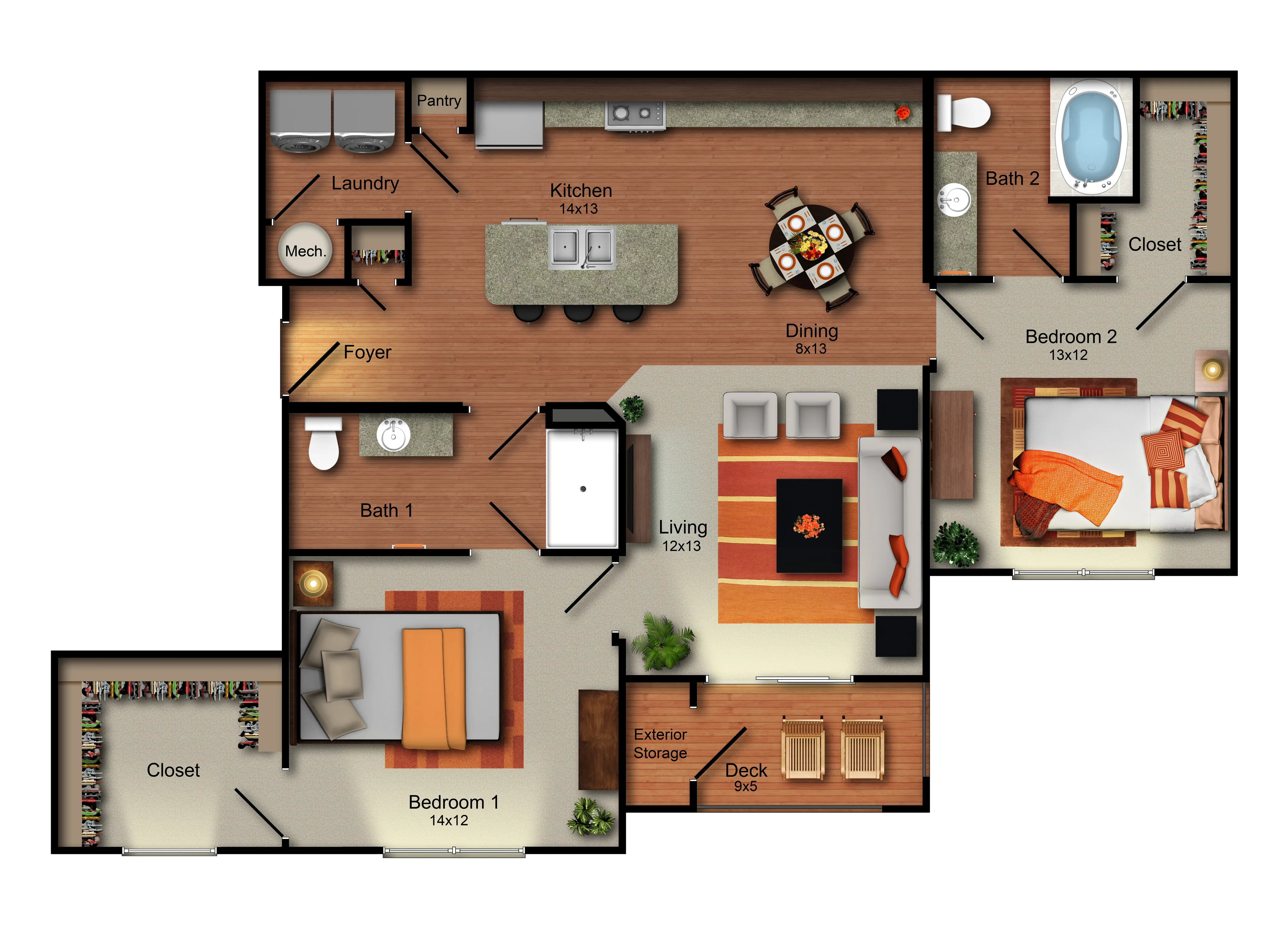 Inviting floor plan featuring 2 cozy bedrooms, open kitchen with island, spacious living and dining areas, and relaxing deck.