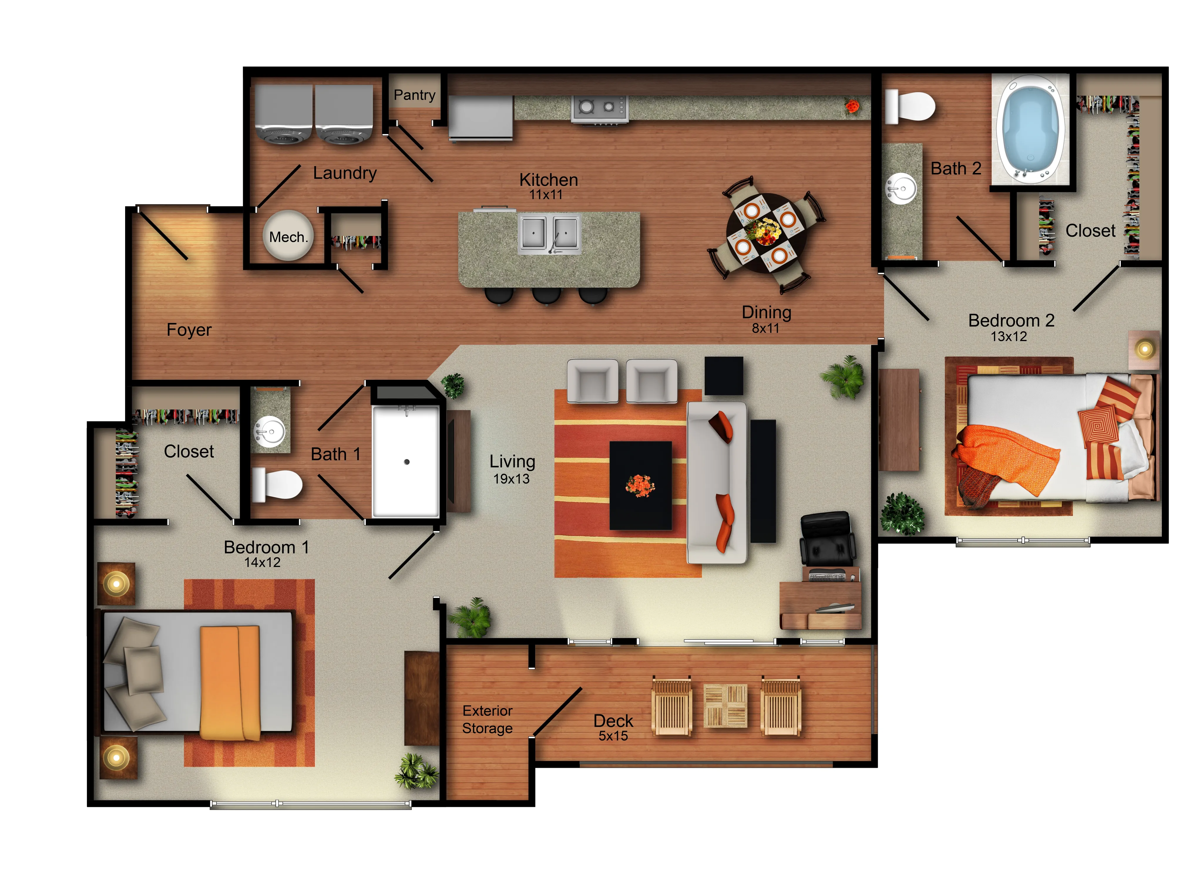 Modern 3D apartment floor plan featuring 2 bedrooms, expansive living room, stylish kitchen, and cozy dining area with a private deck.