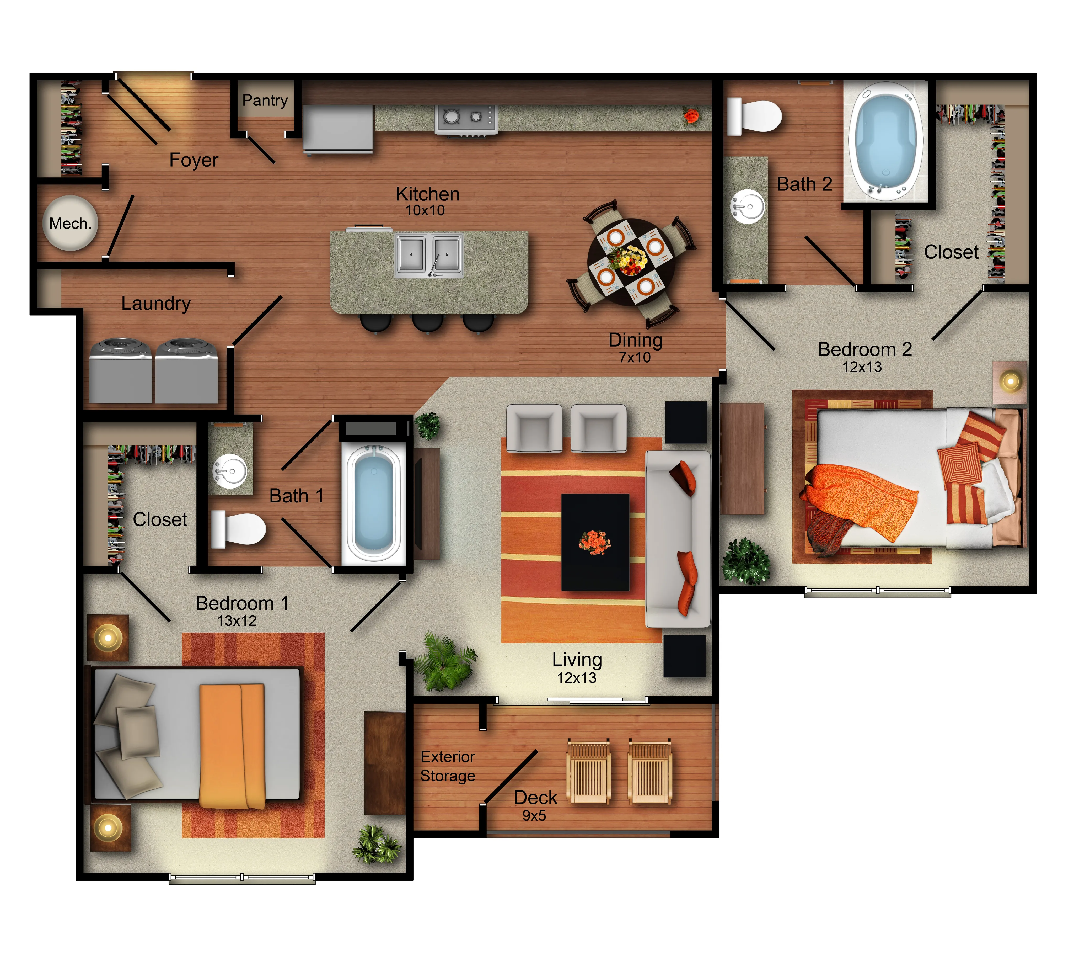 Modern apartment floor plan with 2 spacious bedrooms, inviting living room, open kitchen with island, cozy dining area, 2 elegant bathrooms, laundry facility, and a charming deck.
