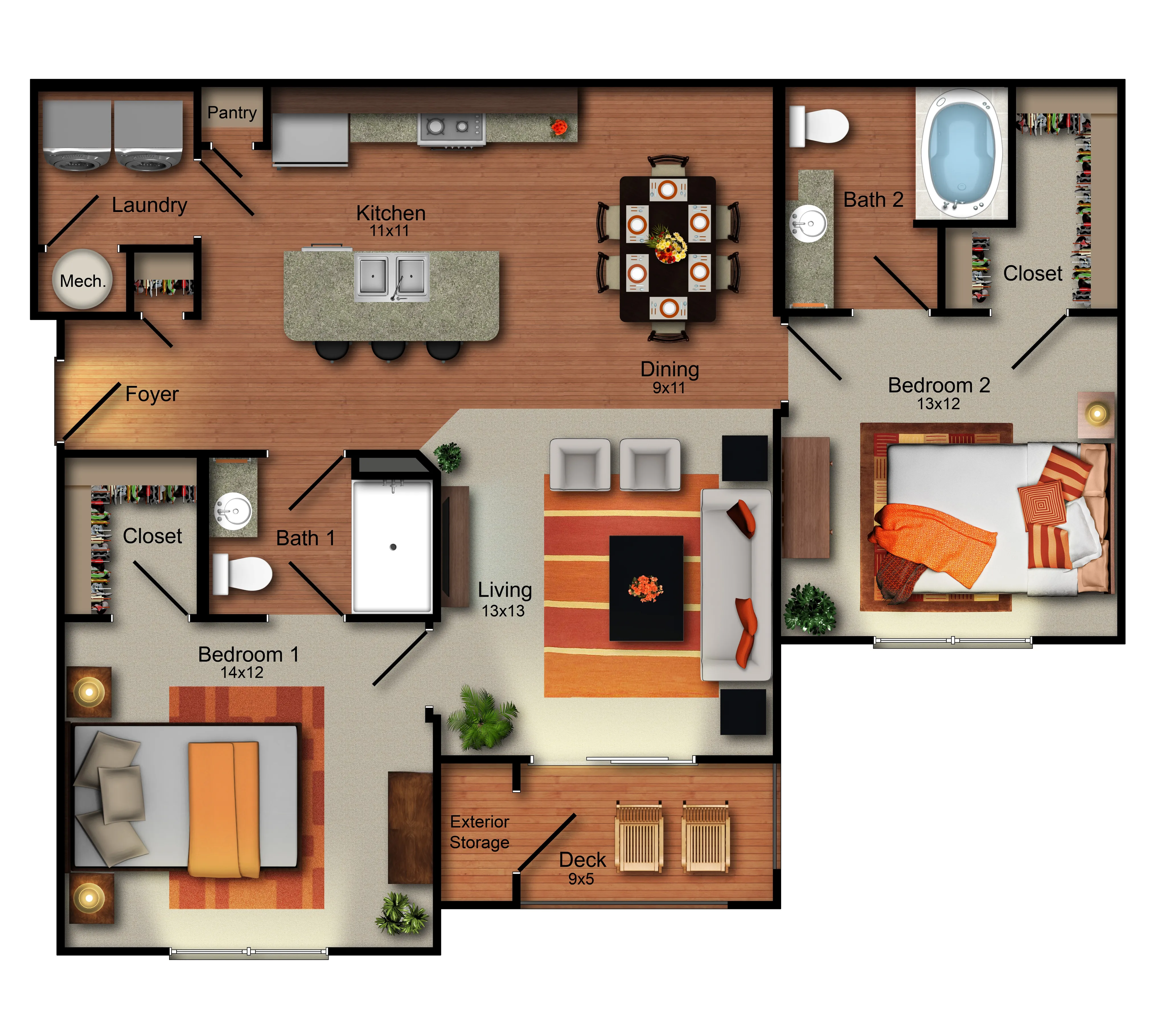 Elegant 2-bedroom apartment floor plan featuring a modern kitchen, cozy living area, and spacious deck, perfect for relaxation.