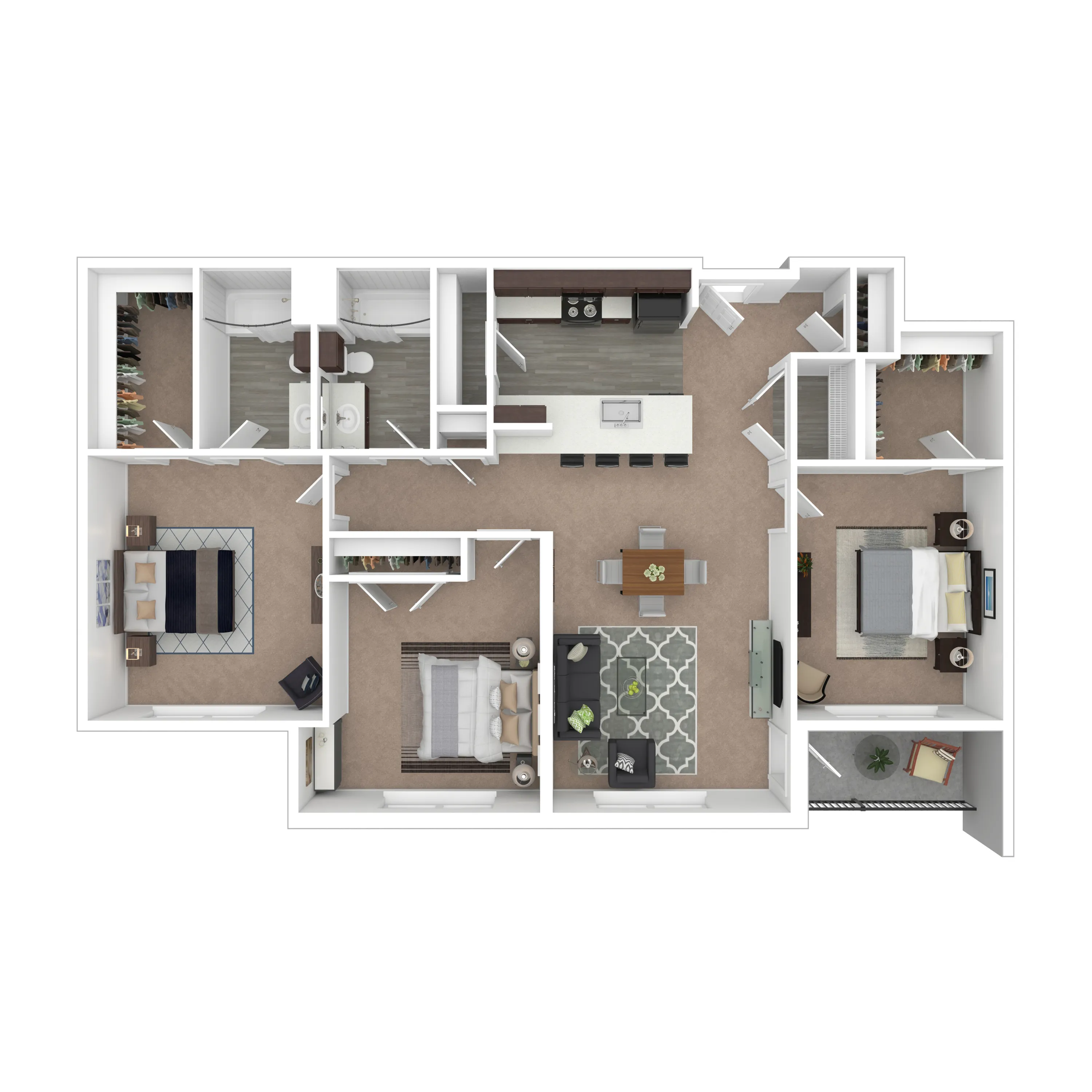 3A Horizon - Modern 3-bedroom apartment floor plan with open-concept kitchen and living room, featuring spacious walk-in closets and elegant layout.