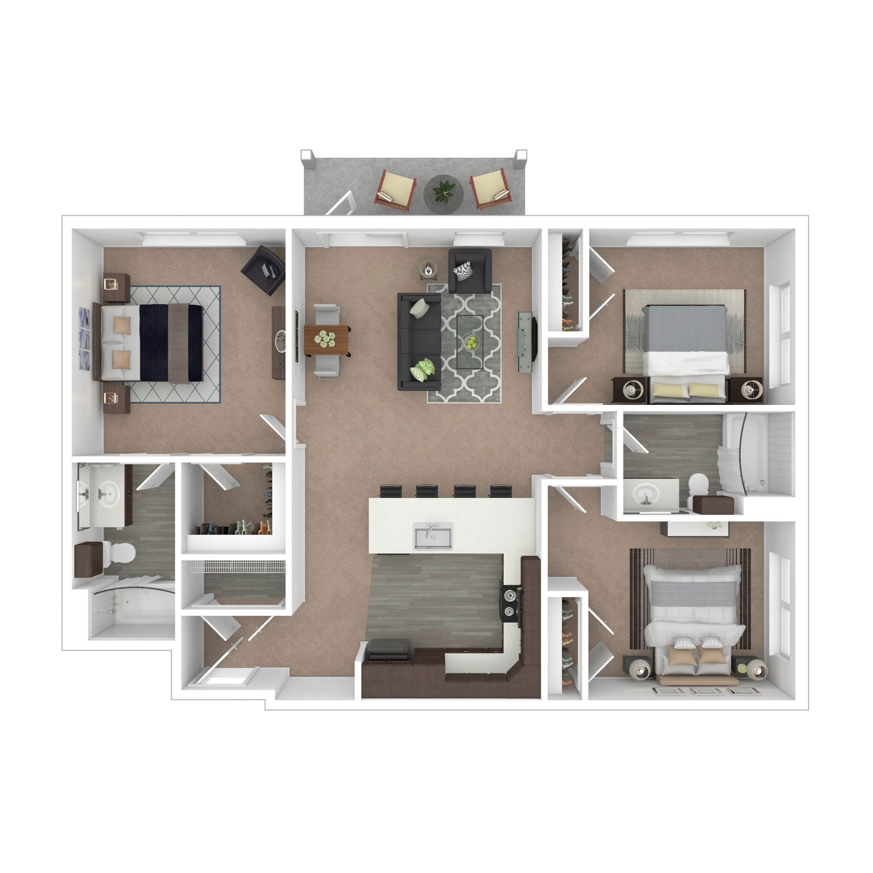 3B Bluff - Modern 3D floor plan showcasing a spacious three-bedroom apartment, featuring a stylish open-concept living and dining area, well-equipped kitchen, and private balcony space for relaxation.