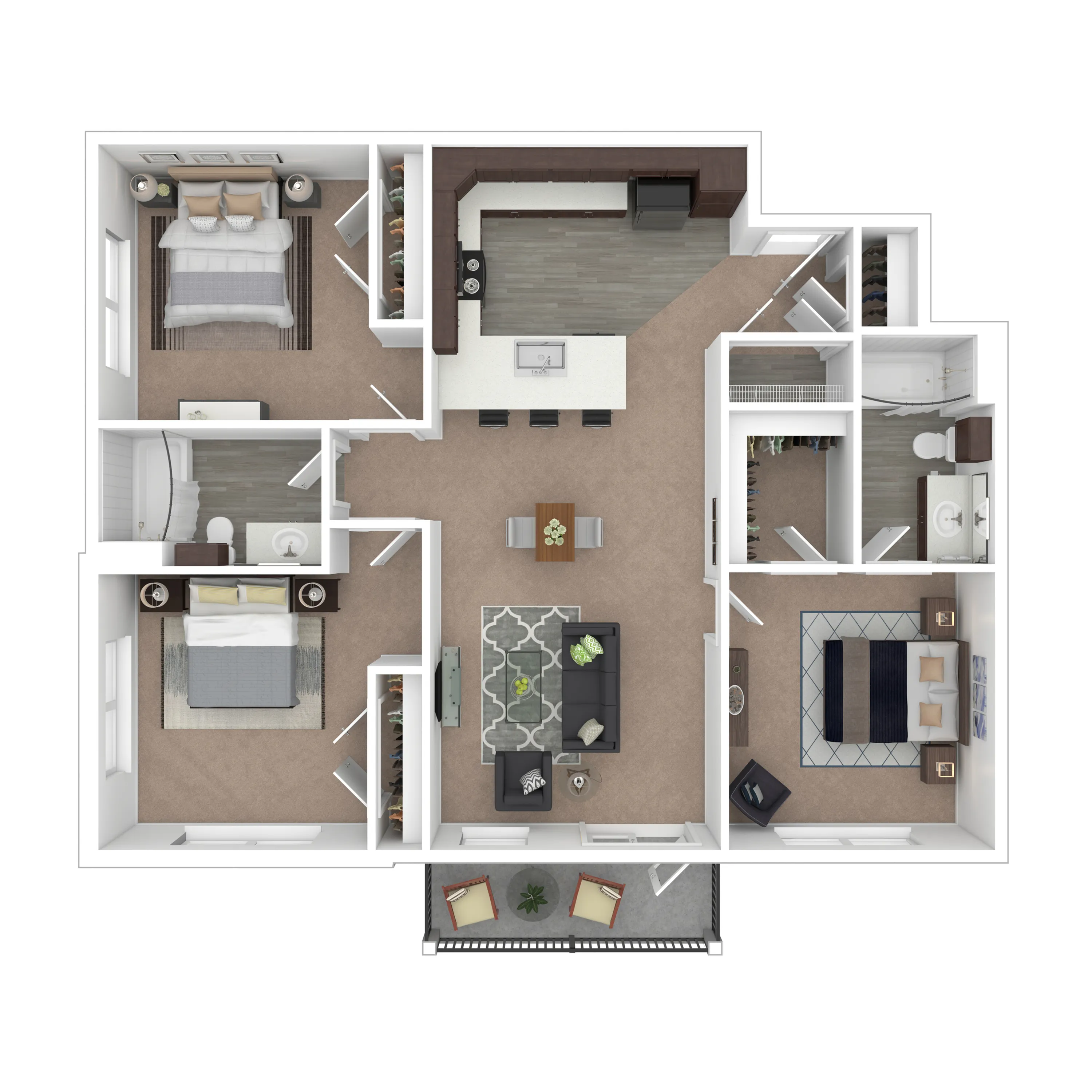 3C Driftwood - Modern floor plan showcasing 3 bedrooms, spacious living room, and open kitchen with bar seating, leading to a cozy balcony.