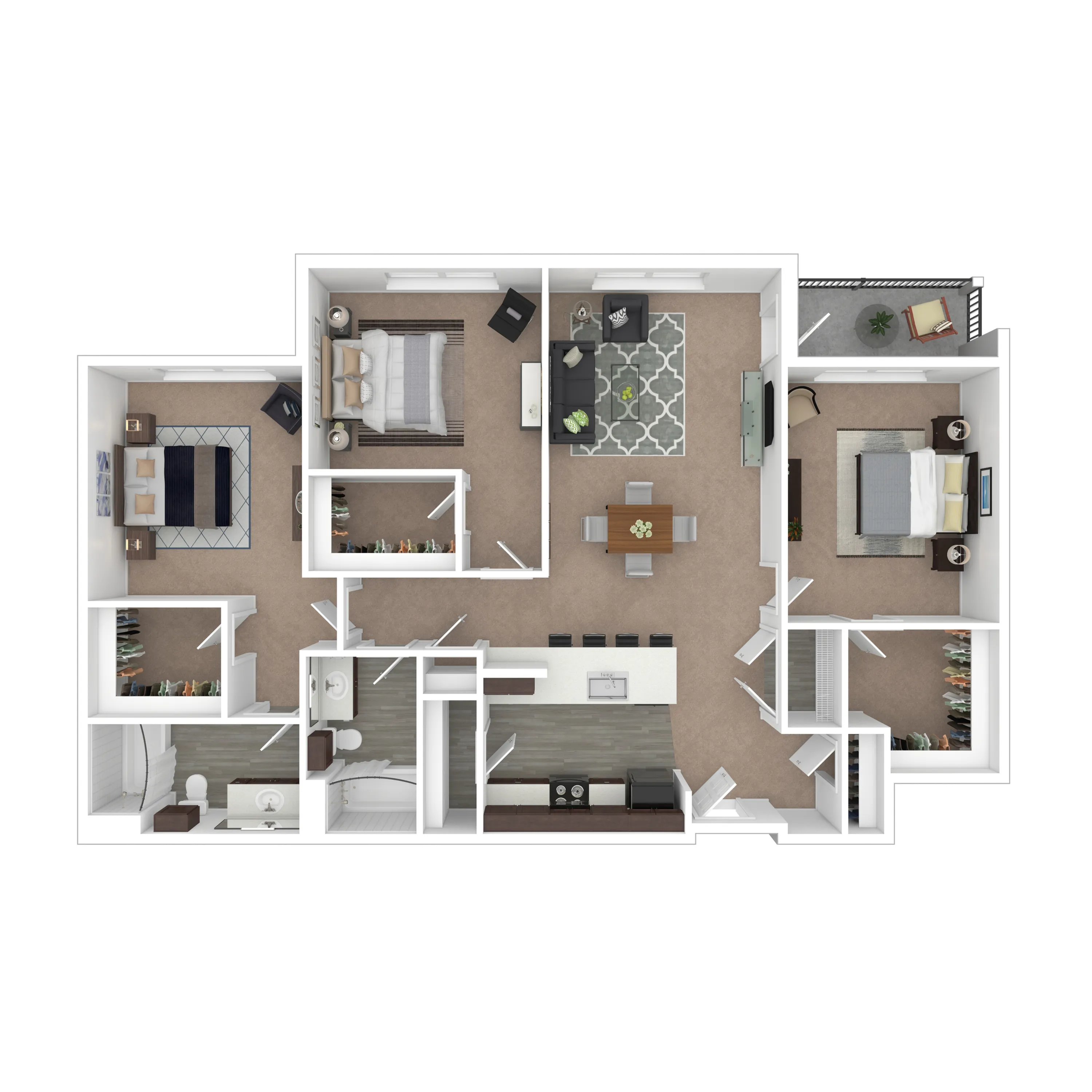 3D Sanctuary - Modern 3D floor plan featuring 3 spacious bedrooms, an open-concept living and dining area, sleek kitchen with island, and private balcony.