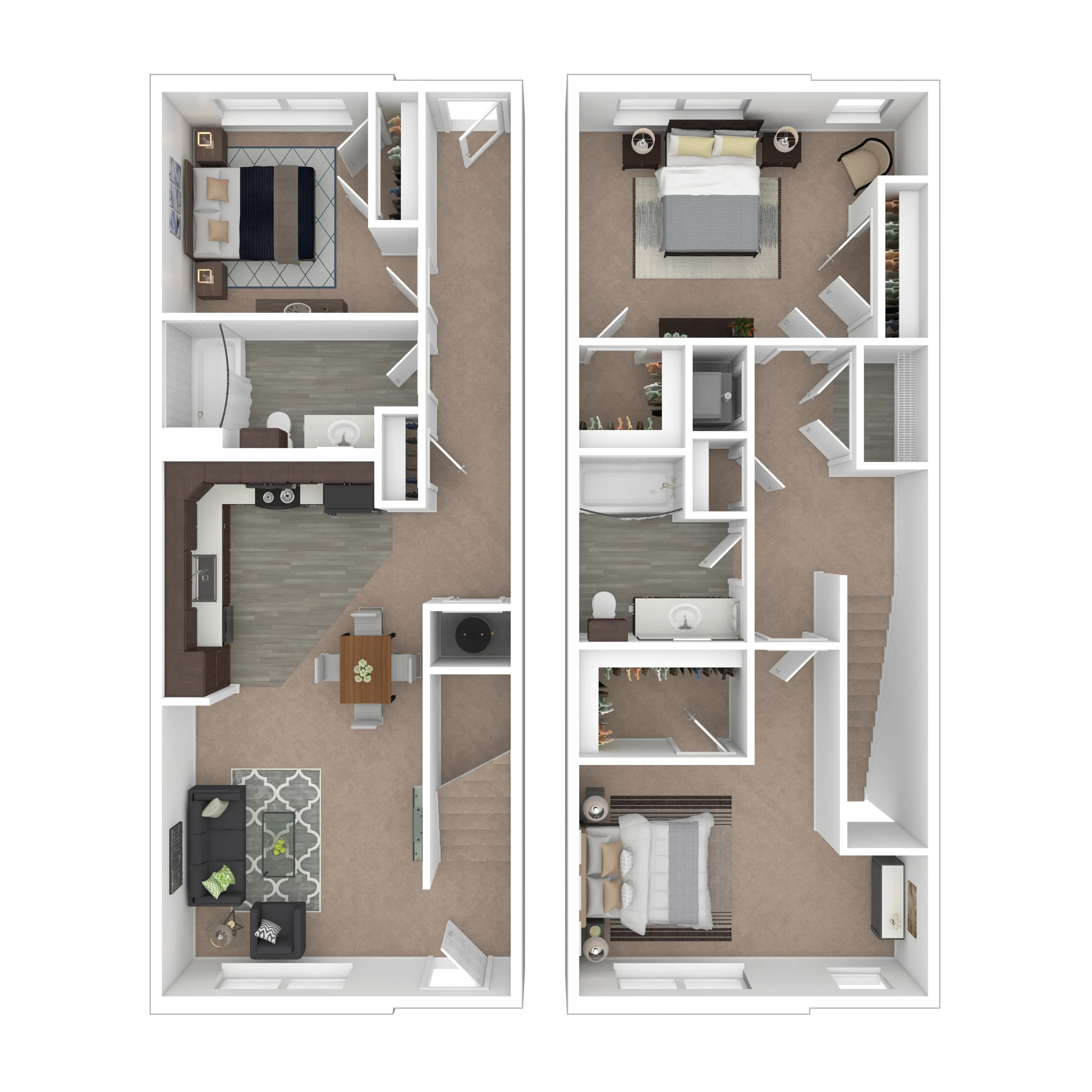 3E Delta - Inviting 3D floor plan with two levels, featuring three bedrooms, a cozy living area, modern kitchen, and two bathrooms, ideal for comfortable living.