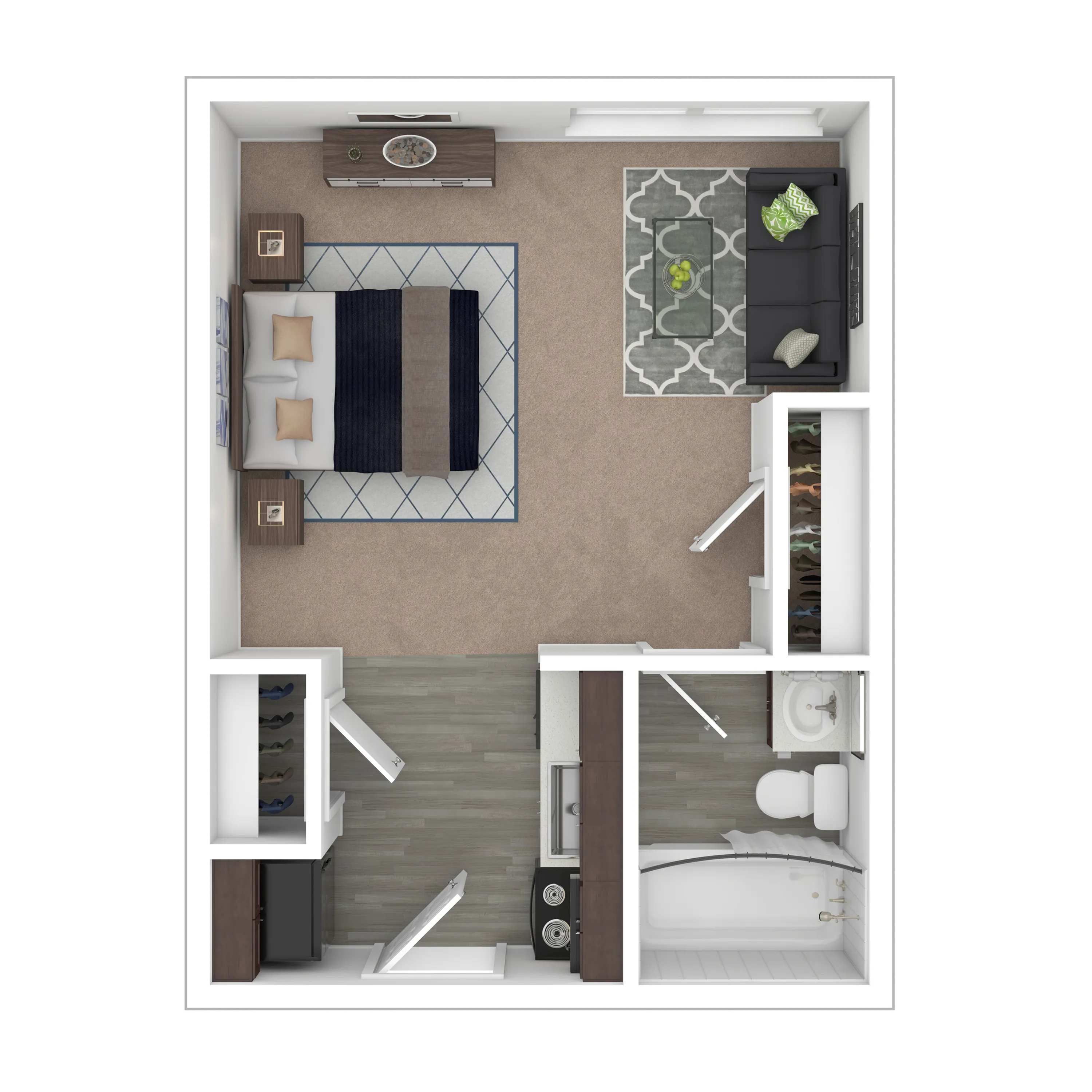Studio Shell - Chic 3D floor plan showcasing a cozy studio apartment with a stylish living area, modern kitchen, ample closet space, and an elegant bathroom.