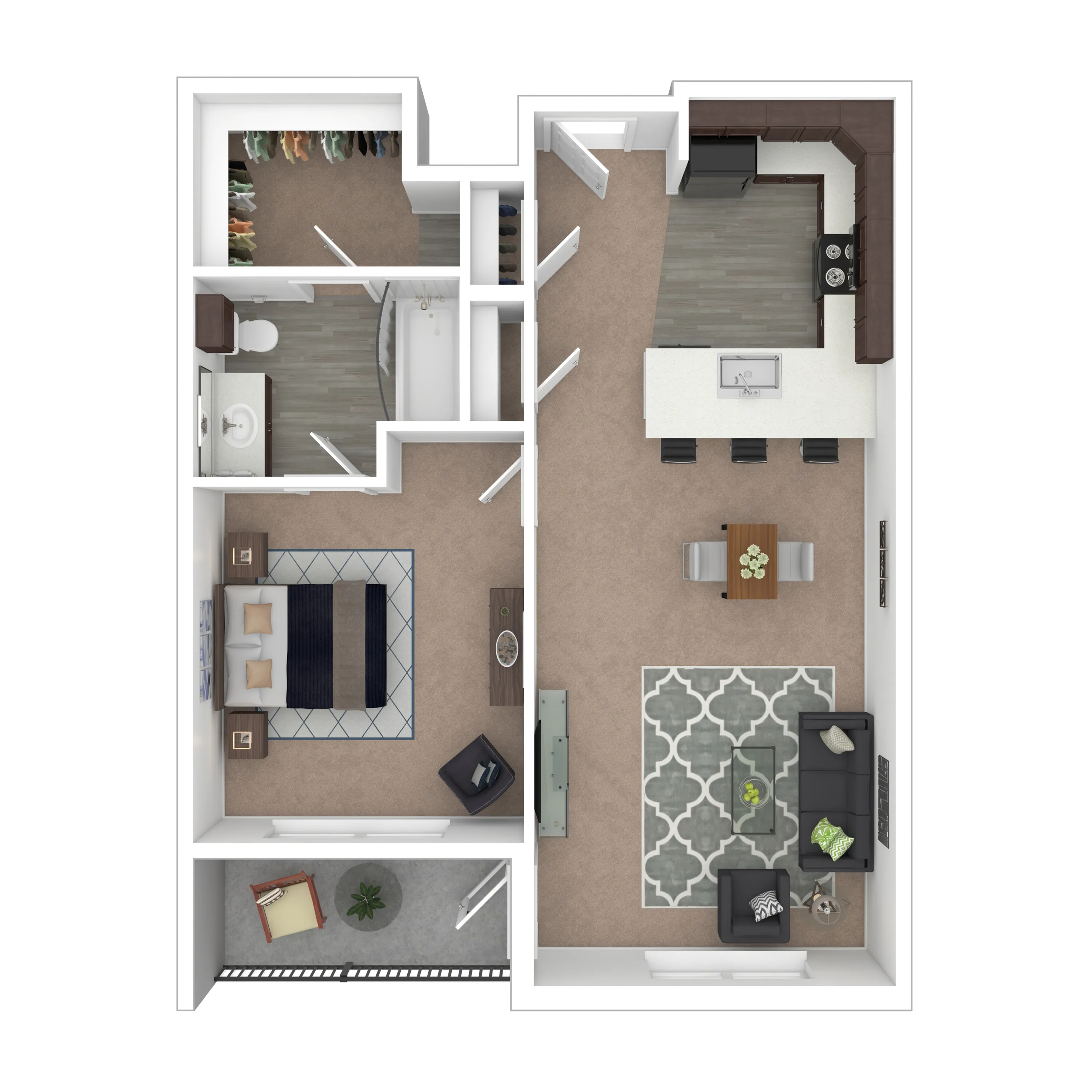 1A Prairie - Chic 1-bedroom apartment floor plan featuring an open-concept kitchen, cozy living room, and spacious walk-in closet.