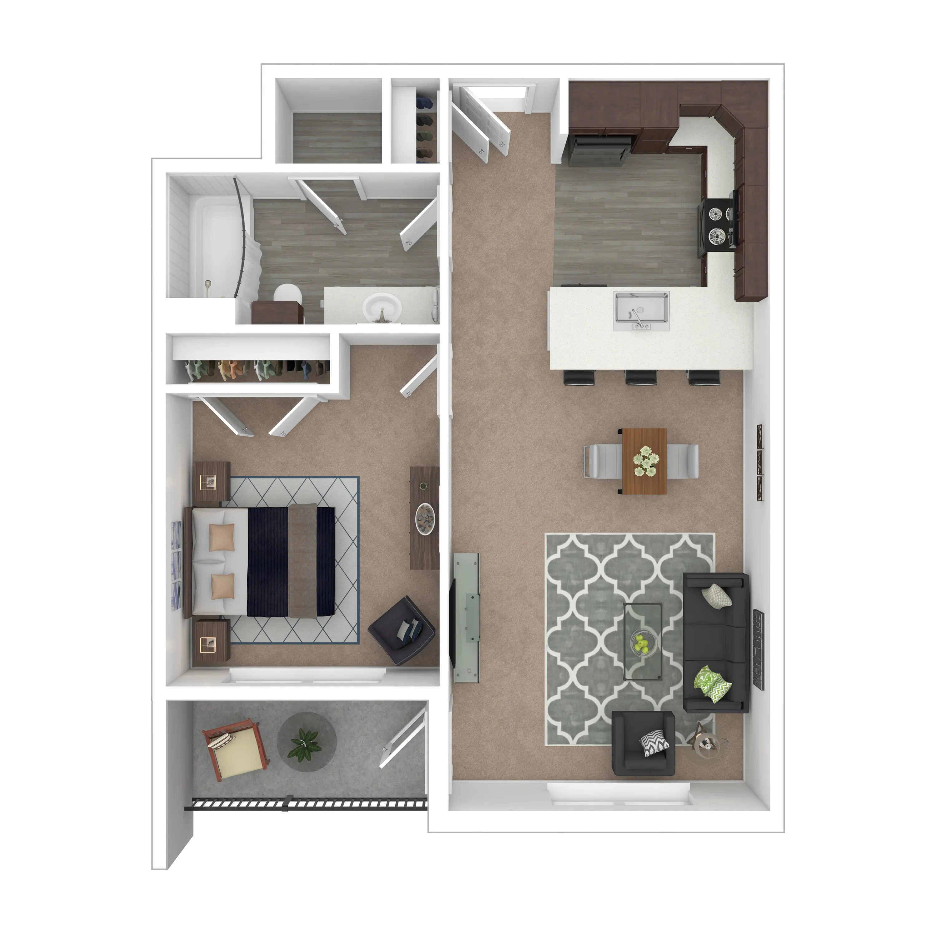 1B Timberline - Chic open-concept floor plan featuring one bedroom, a modern kitchen, elegant living area, and cozy balcony space.