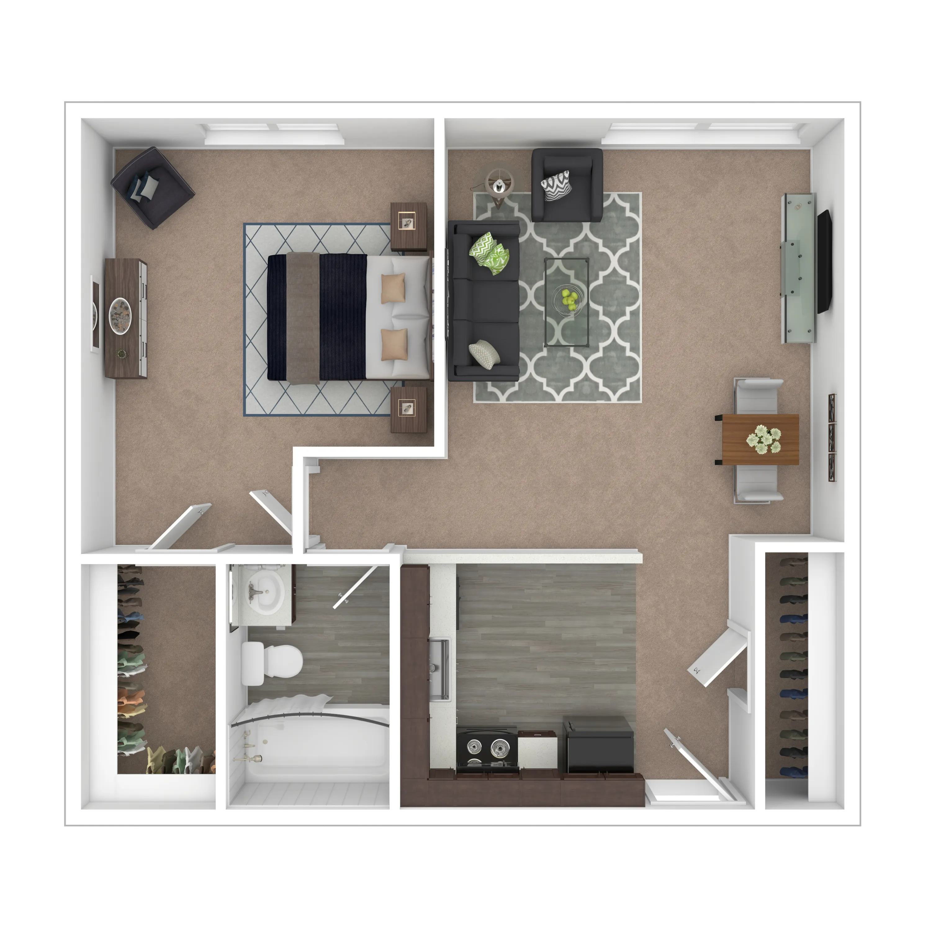 1C Hickory - Modern 3D floor plan featuring a cozy bedroom, open-concept living and dining area, sleek kitchen, and spacious bathroom.