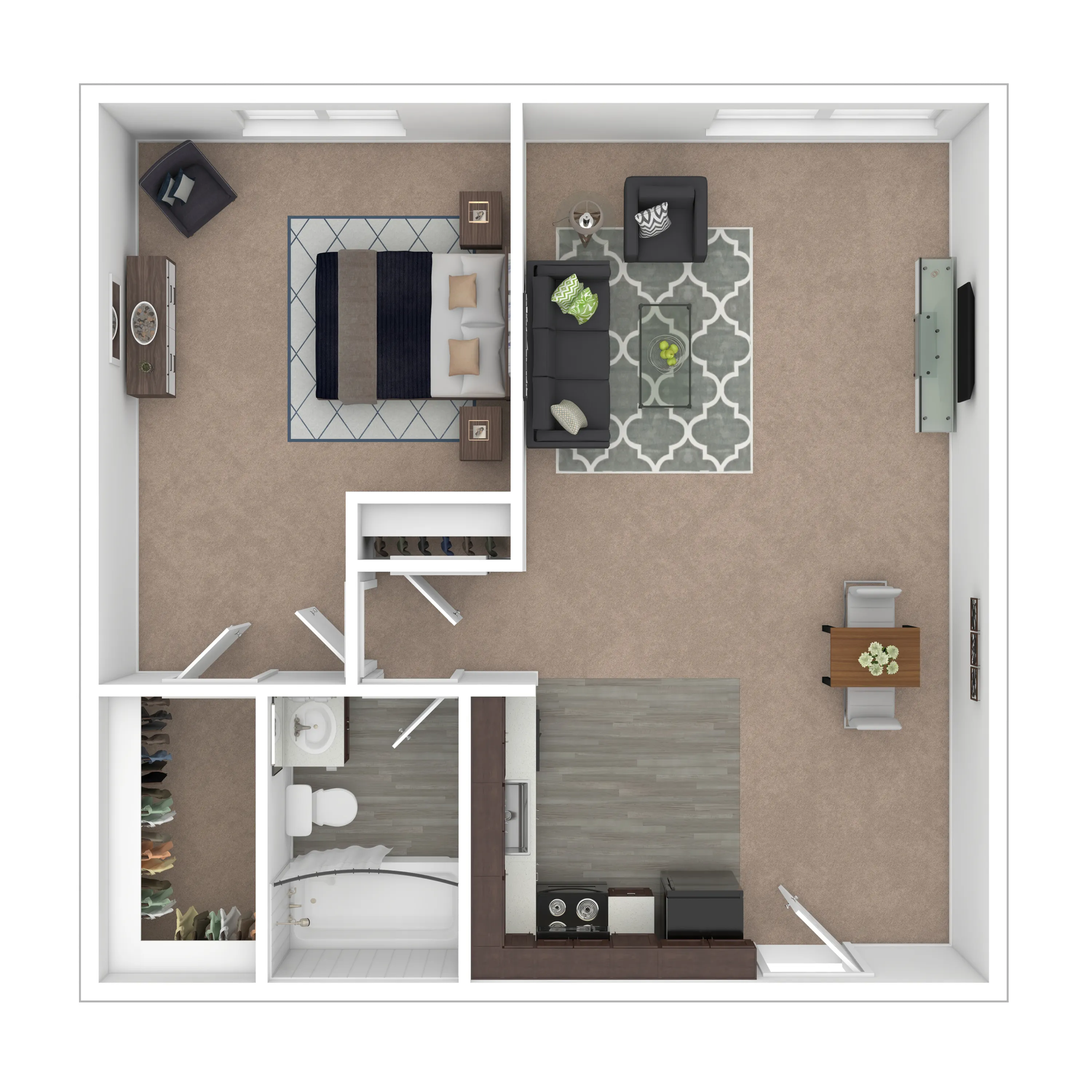 1D Walnut - Modern 1-bedroom apartment floor plan featuring an open-concept living and dining area, spacious kitchen, and stylish bathroom with ample closet space.