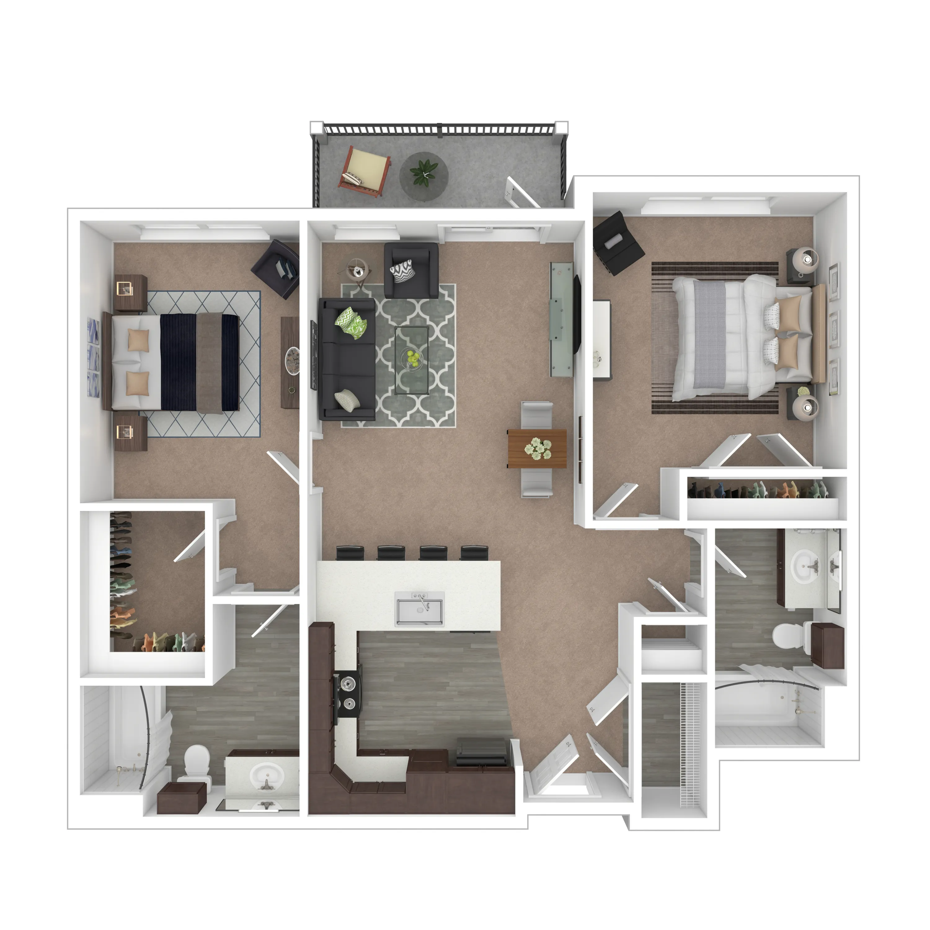 2A Bluegrass - Contemporary 3D floor plan with two spacious bedrooms, elegant living area, modern kitchen, and two bathrooms, featuring a cozy balcony.