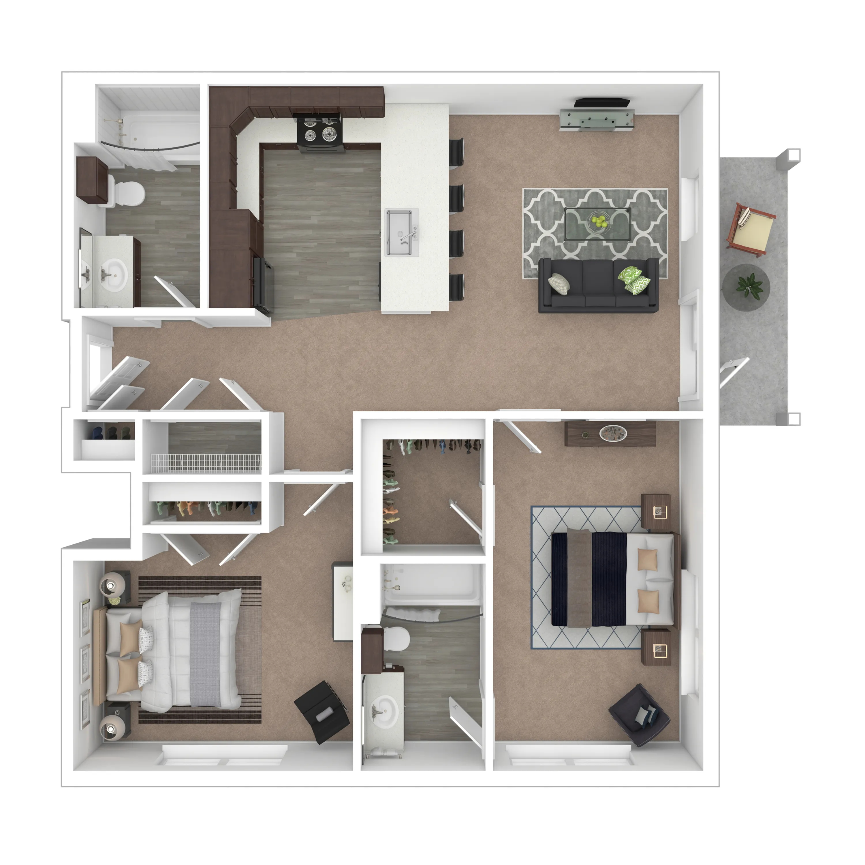 2B Ironwood - Modern 3D floor plan showcasing 2 bedrooms, stylish open kitchen with an island, cozy living area, 2 bathrooms, and a charming outdoor patio.