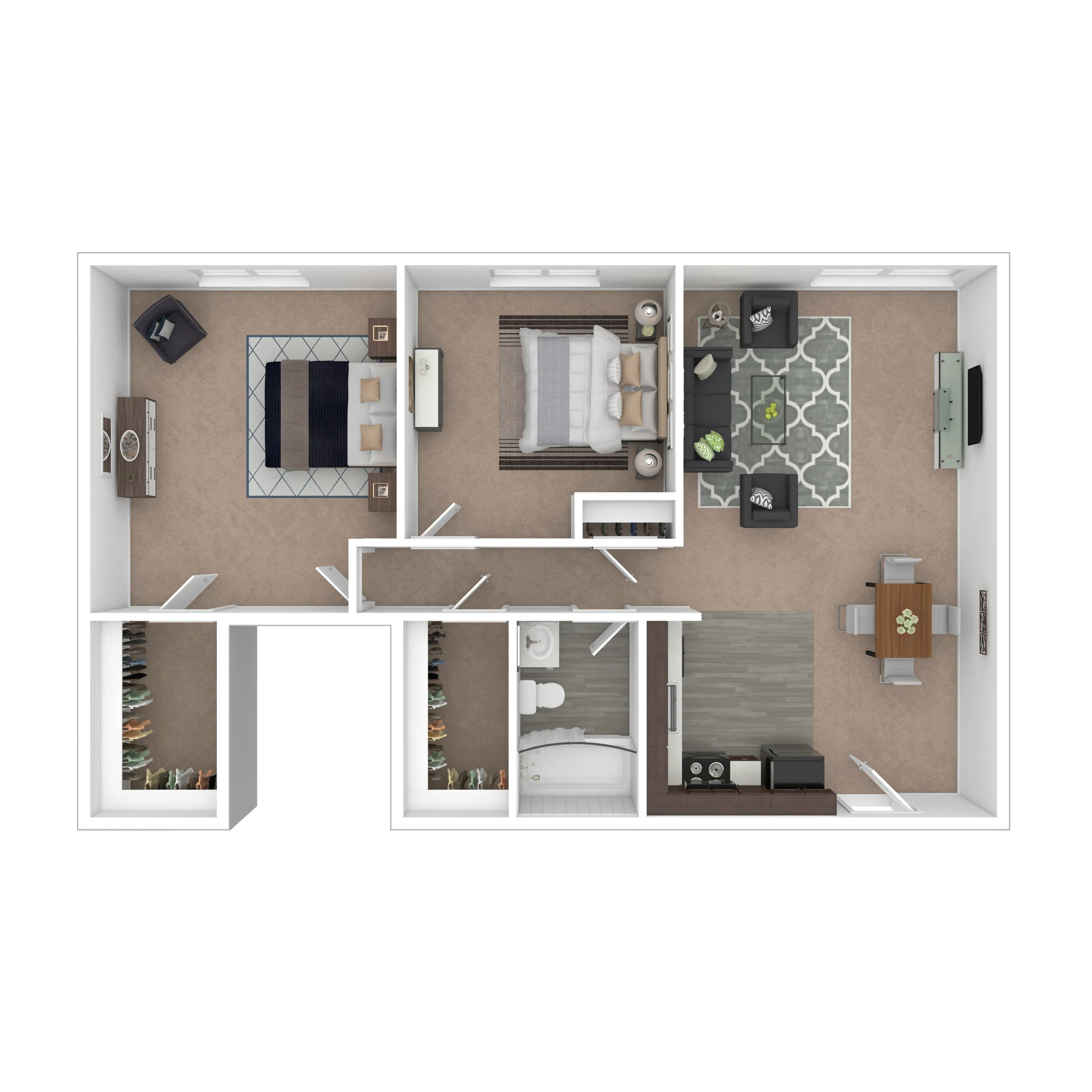 2D Fieldstone - Modern floor plan showcasing a stylish 2-bedroom layout with spacious living room, elegant dining area, and contemporary kitchen.