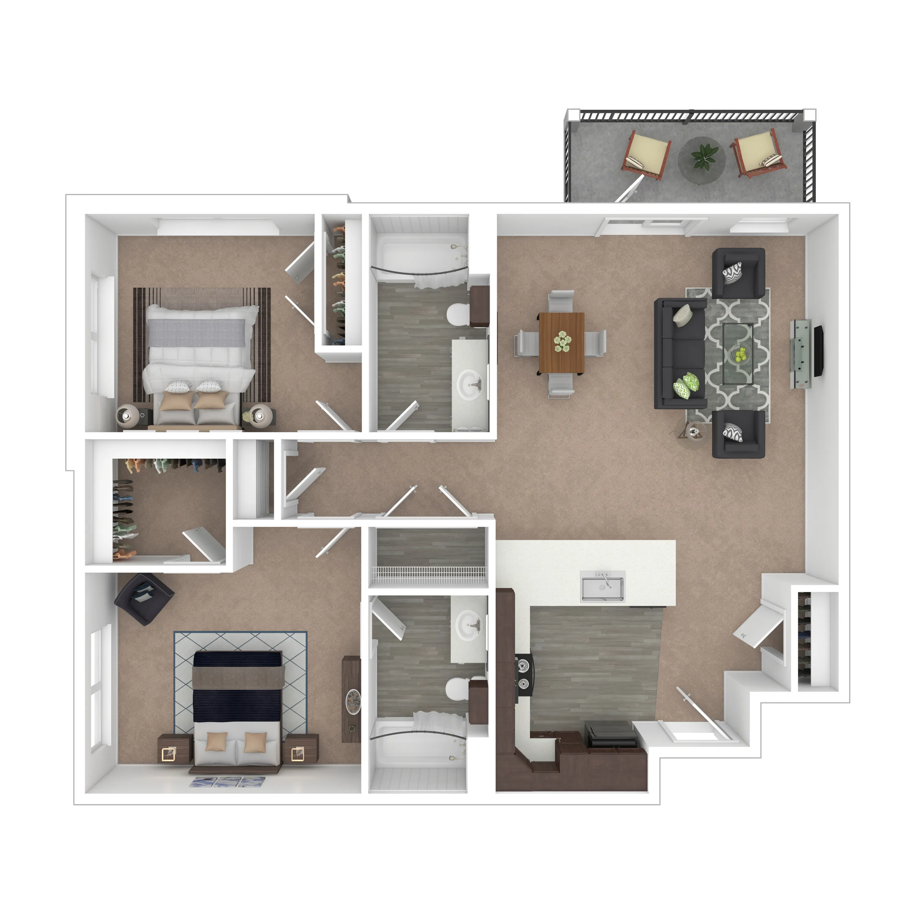 2C Crosswind - Modern 3D floor plan showcasing 2 bedrooms, 2 bathrooms, a cozy living area, and a contemporary kitchen with a breakfast bar, complemented by a private balcony.