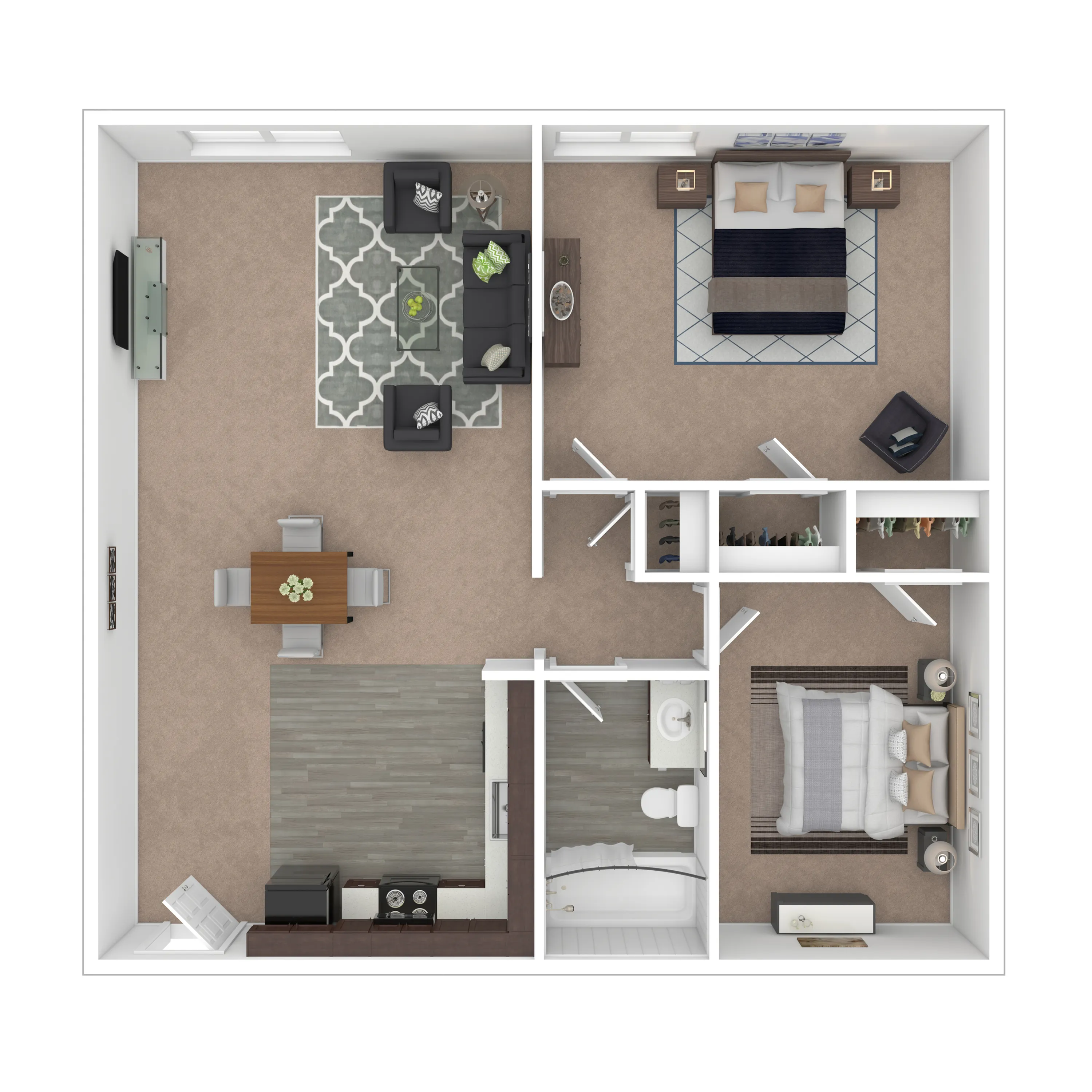 2E Limestone - Modern 3D apartment floor plan with 2 cozy bedrooms, inviting living room, stylish kitchen, and a sleek bathroom.