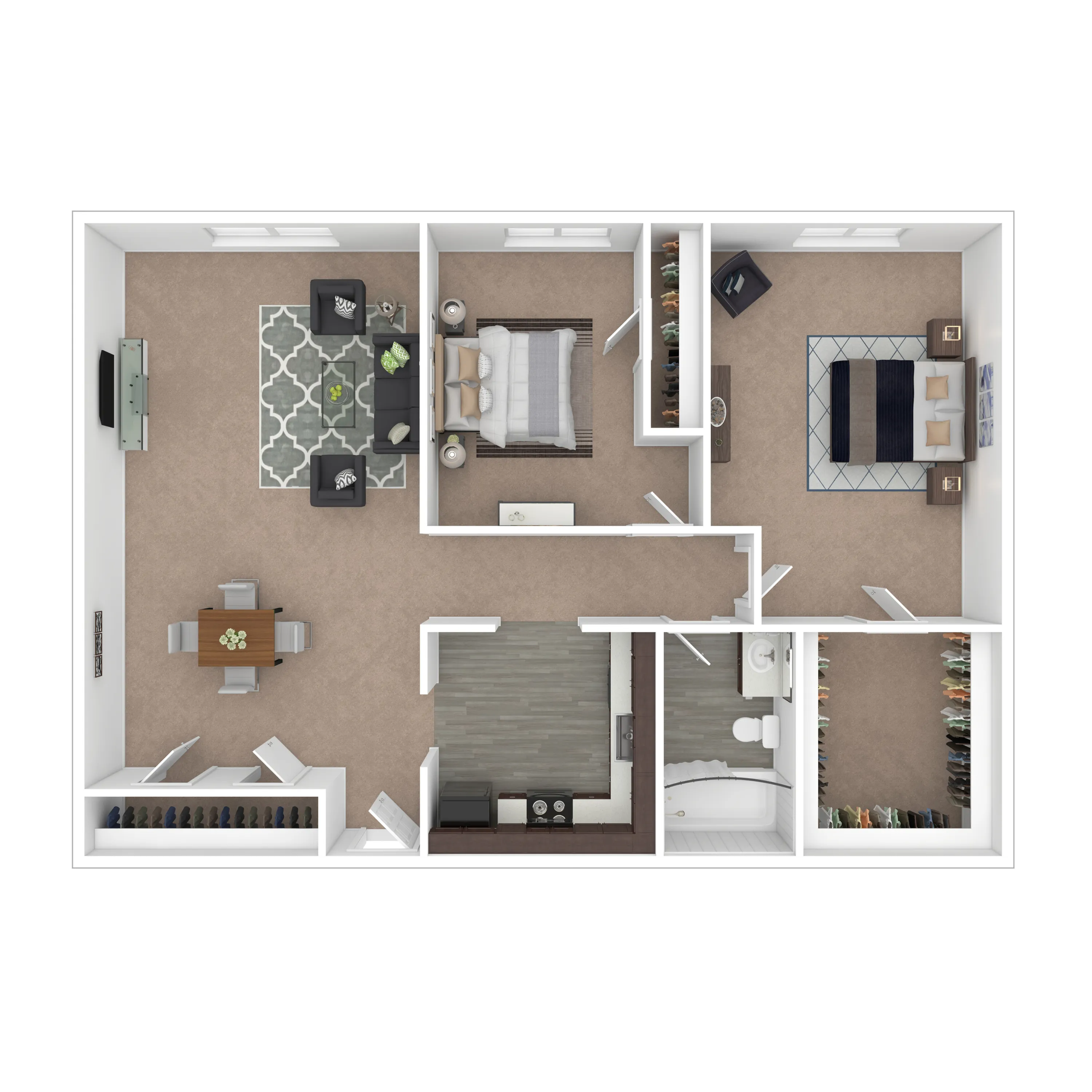2F Ridge - Modern 3D floor plan featuring two spacious bedrooms, cozy living area, dining space, and a sleek kitchen.