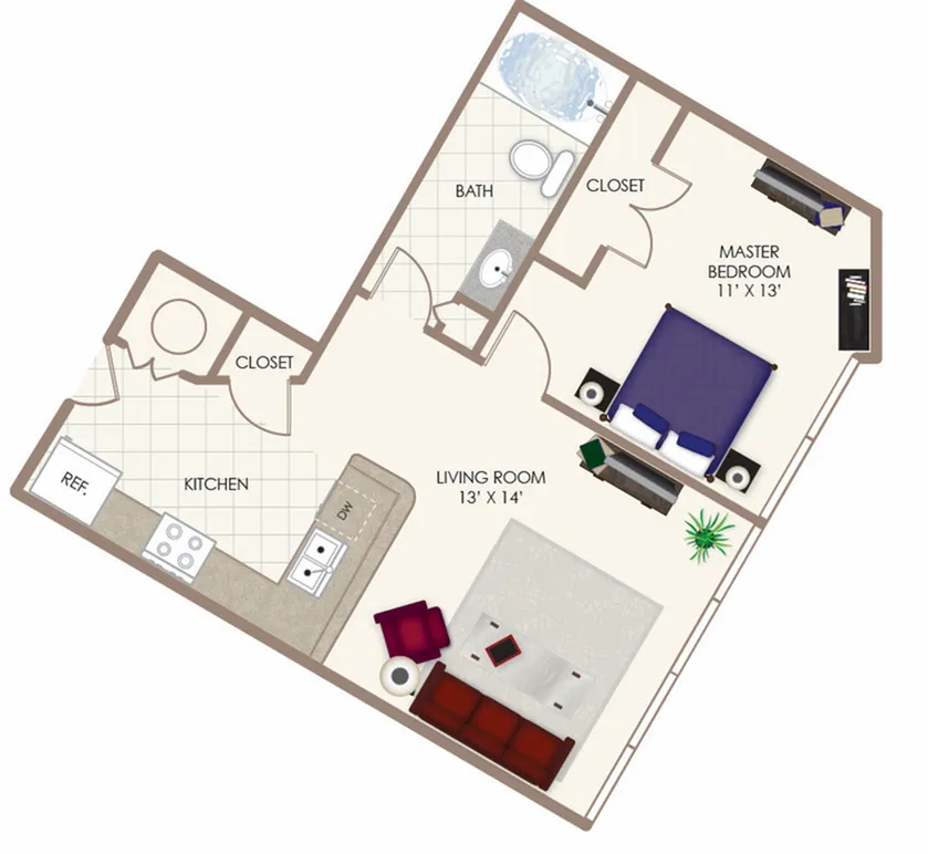 Taylor 1H Modern floor plan featuring a spacious master bedroom, cozy living room, and well-organized kitchen with abundant closet space.