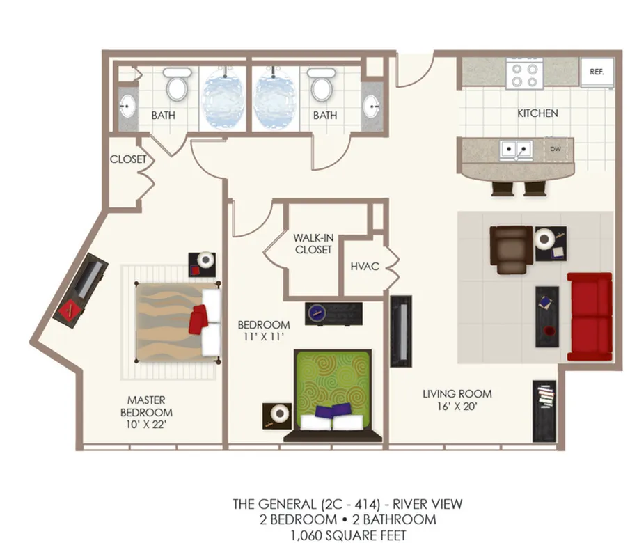 General 2C Charming 2-bedroom, 2-bathroom apartment floor plan with a spacious living room, modern kitchen, and river view; total area of 1,060 square feet.