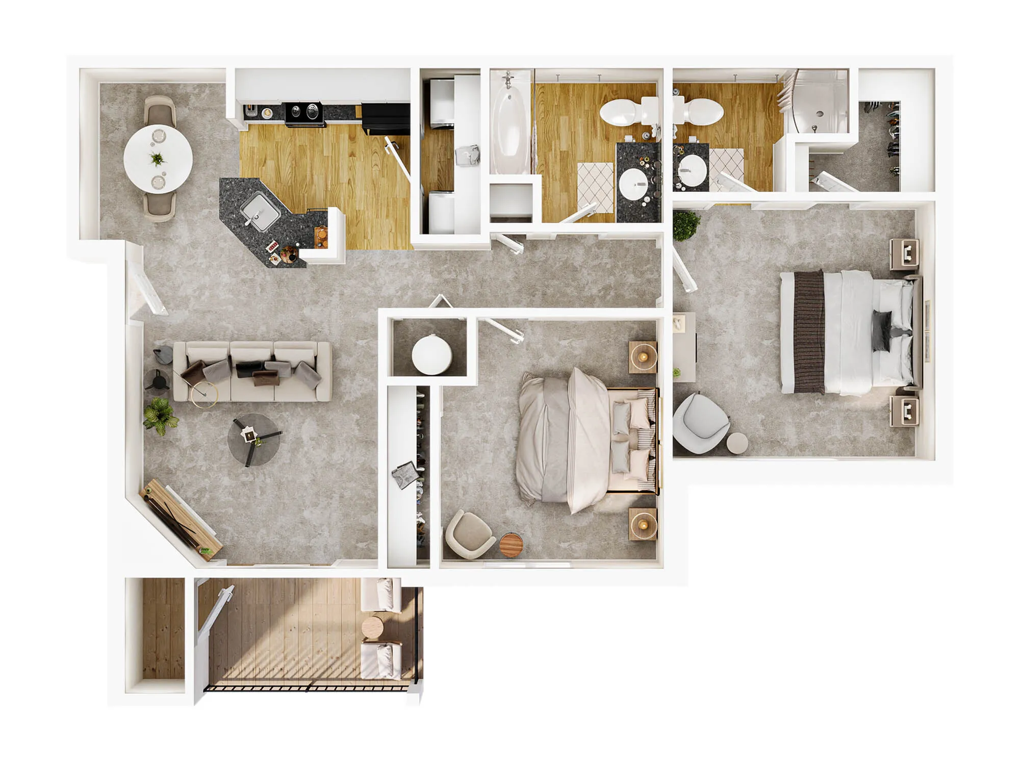 Modern apartment floor plan with two spacious bedrooms, a sleek open kitchen, cozy living room, and inviting balcony. B1 Cobblestone