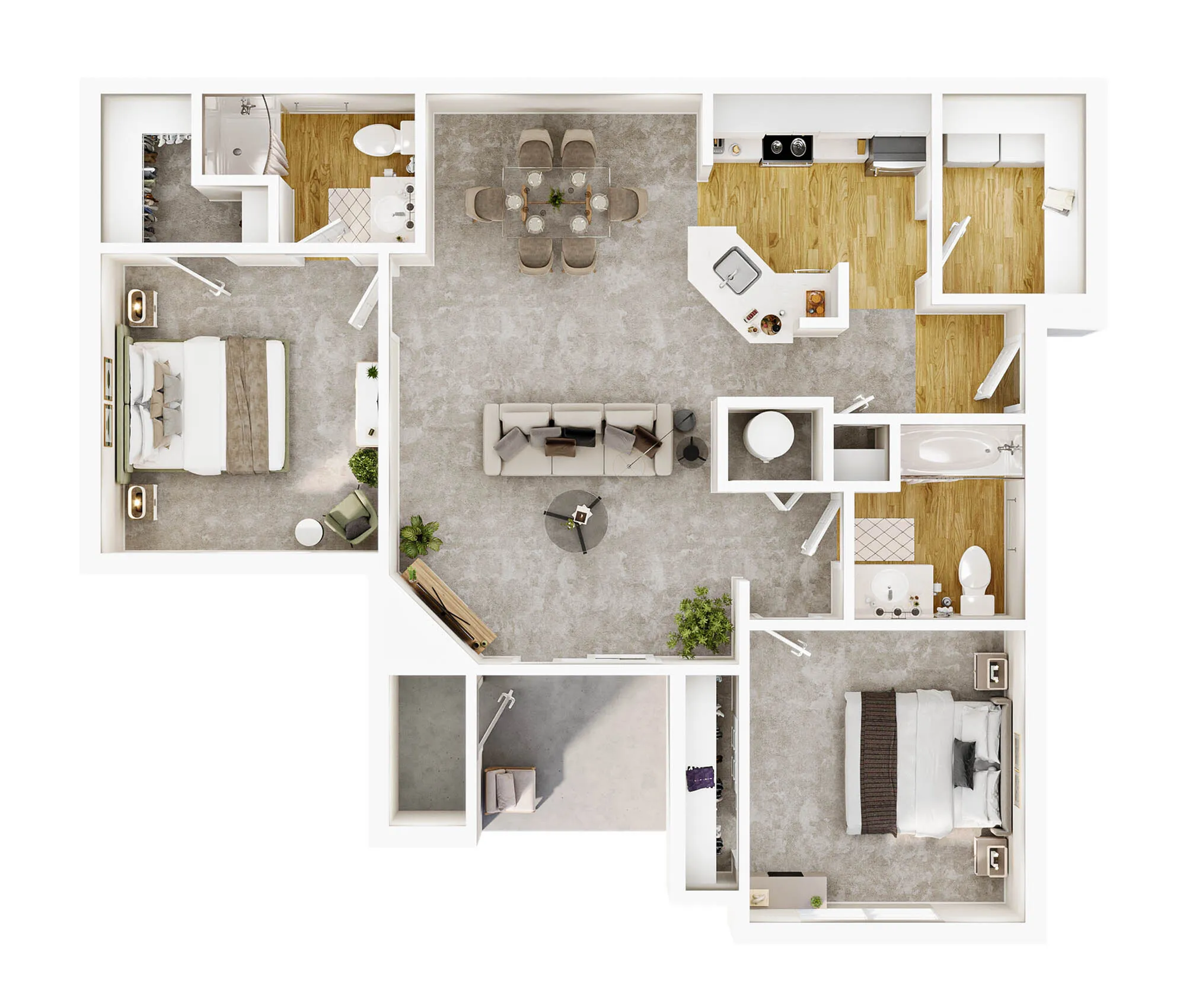Modern 3D floor plan showcasing 2 elegant bedrooms, an open-plan living and dining area, a sleek kitchen, and two stylish bathrooms. B2 Whitcomb