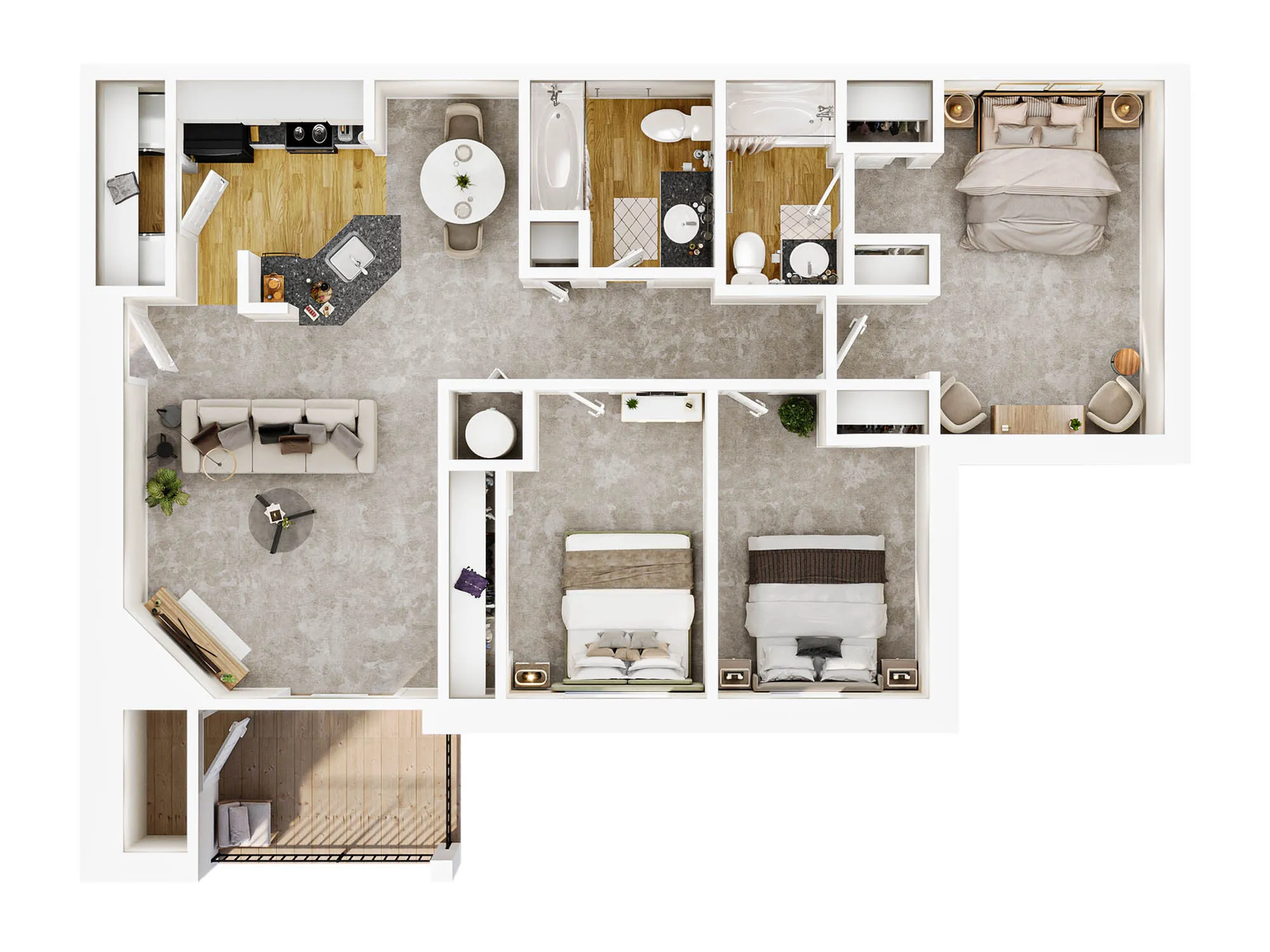 Elegant 3D floor plan showcasing 3 bedrooms, open-plan living area, and modern kitchen with balcony access. C1 Brandywine
