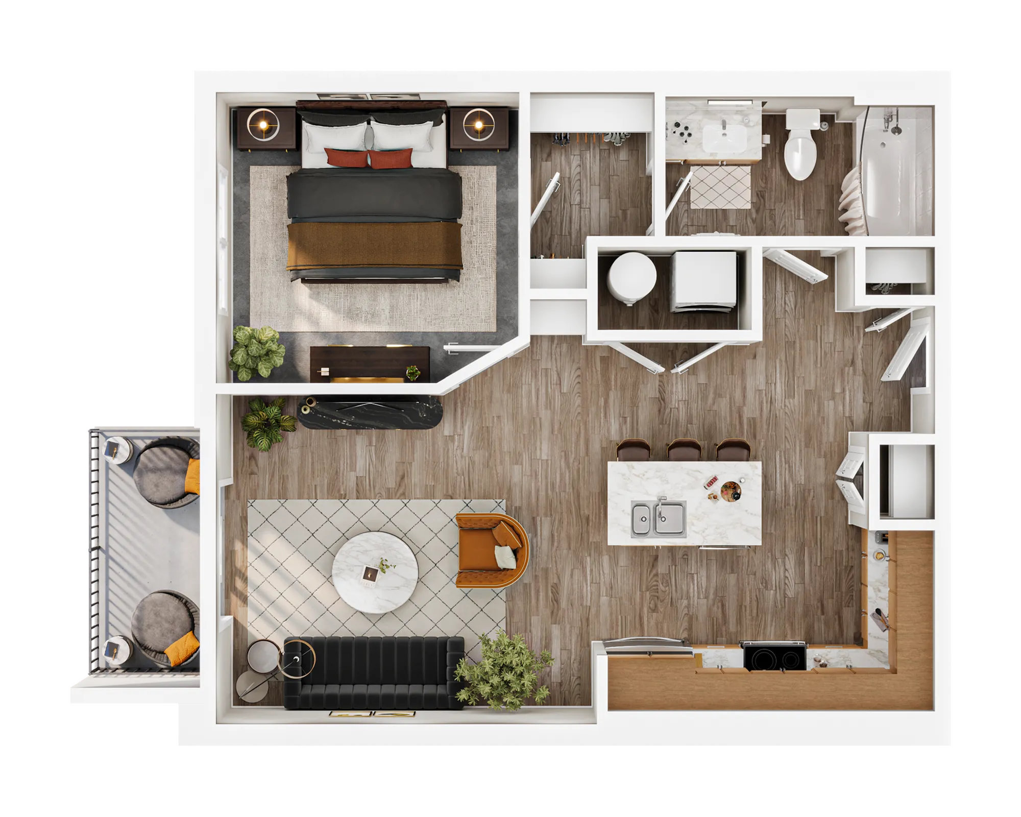Modern floor plan featuring a luxurious bedroom, a contemporary kitchen with an island, and a cozy living area. Includes a chic balcony providing outdoor relaxation space.