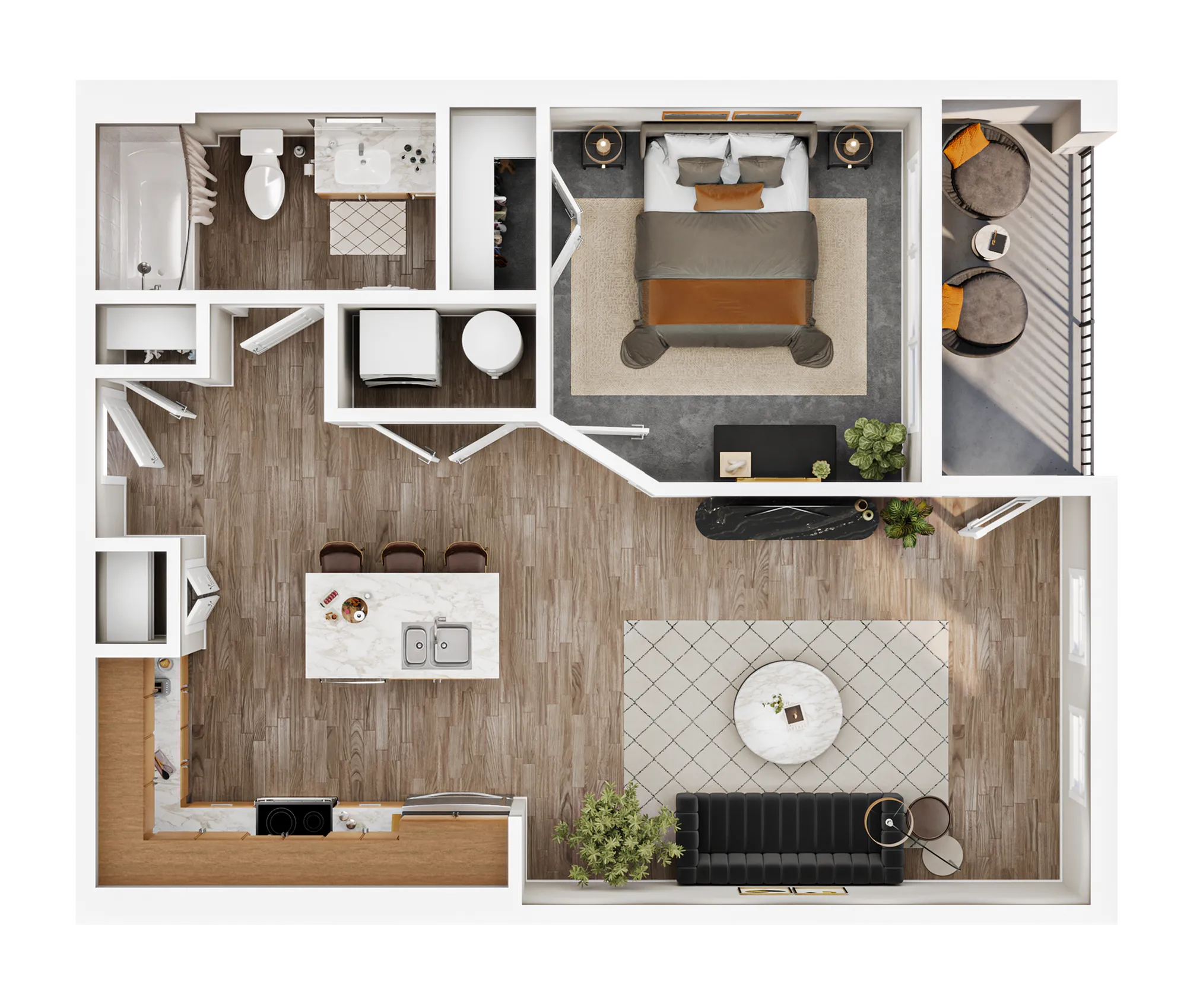 Contemporary 1-bedroom apartment floor plan with an open-concept kitchen and living area, modern bathroom, and cozy balcony.