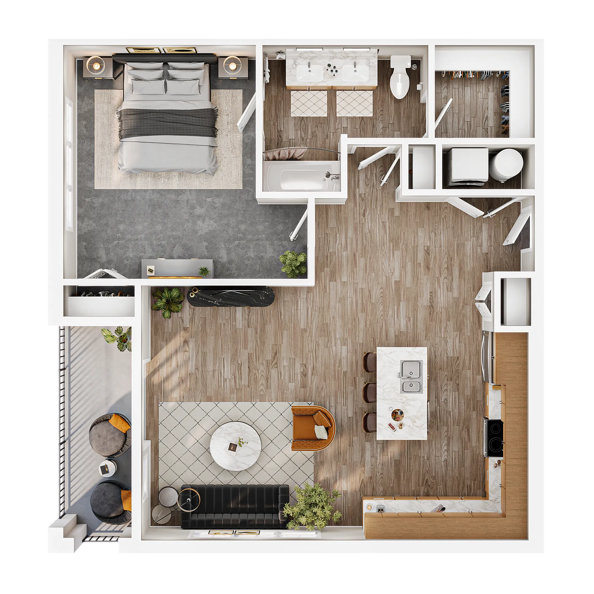 Modern open-concept floor plan featuring a spacious bedroom, elegant bathroom, and sleek kitchen with island. Includes a cozy living area and balcony for relaxing in style.