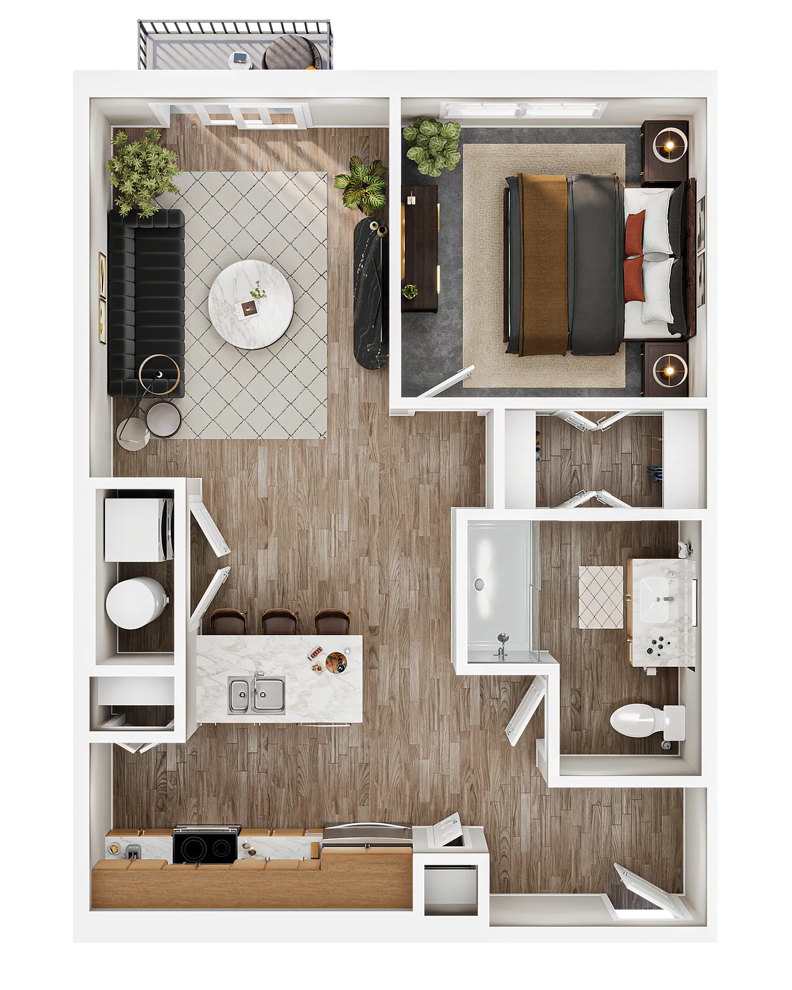 Contemporary 1-bedroom floor plan featuring an open-concept living room, modern kitchen with island, and stylish bathroom, perfect for urban living.