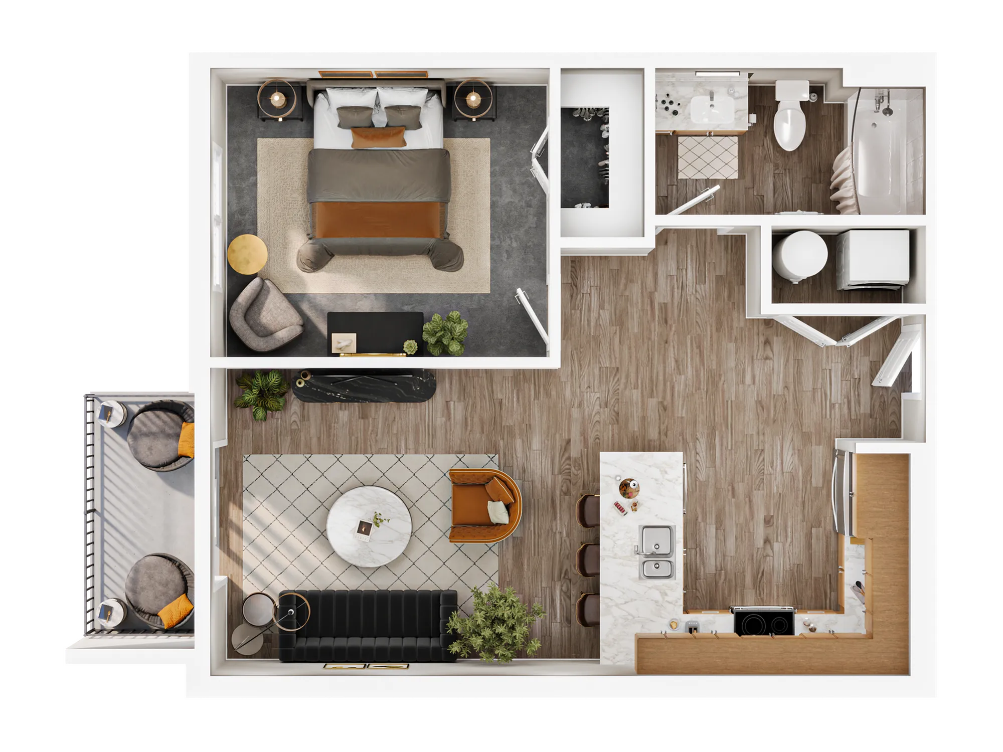 Modern floor plan showcasing a cozy bedroom, open-concept living area with stylish furniture, and sleek kitchen. Includes an elegant bathroom and inviting balcony space.