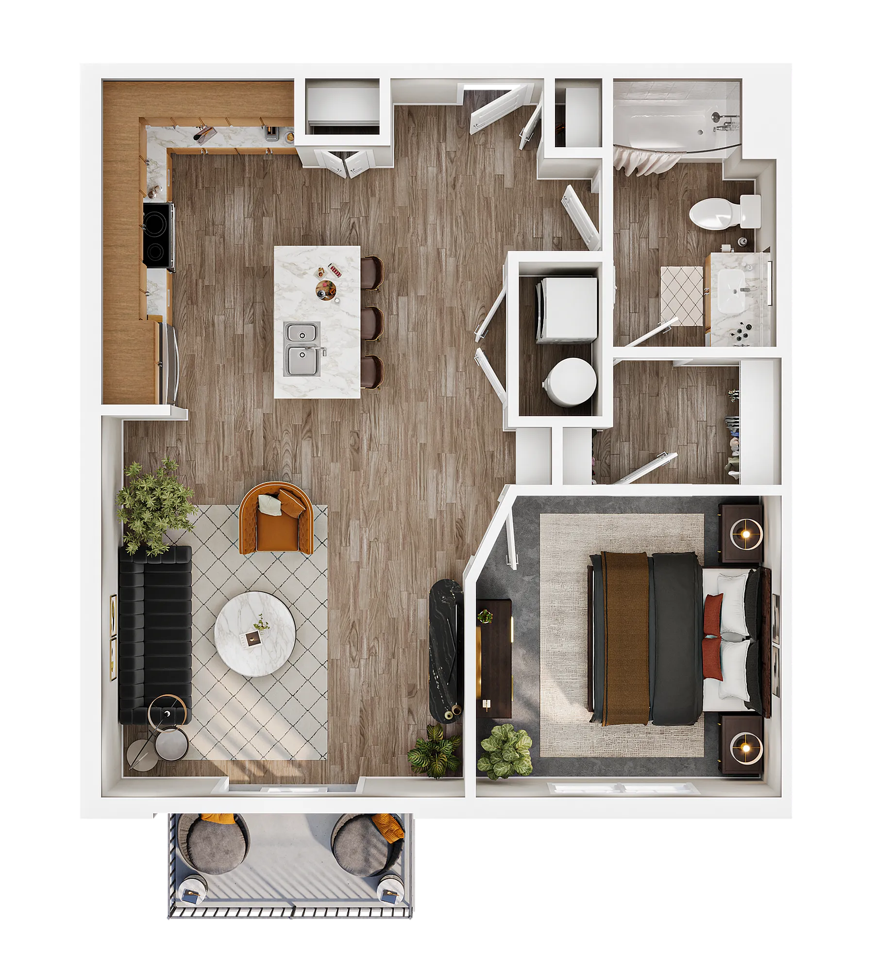Modern floor plan showcasing a spacious 1-bedroom apartment with elegant kitchen island, cozy living area, and luxurious bathroom, featuring stylish wood flooring and accessible balcony.