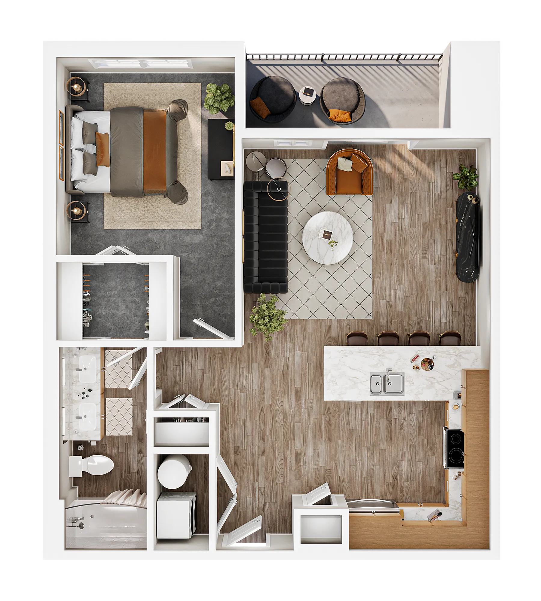 Modern floor plan showcasing a spacious 1-bedroom apartment with an open-concept kitchen, cozy living area, elegant bathroom, and a charming balcony with seating.